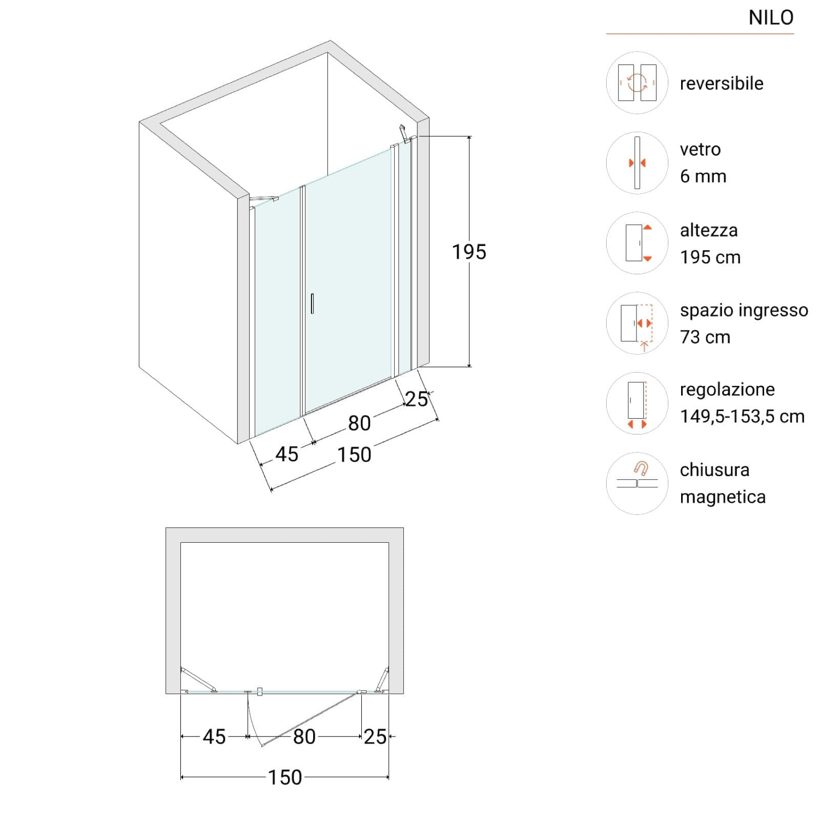 Box doccia nicchia 150 cm 25 giunto + 80 battente + 45 fisso con vetro temperato opaco e profilo cromo 195h - Nilo