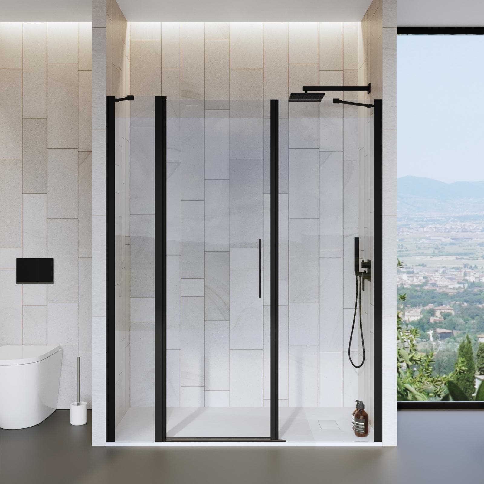 Box doccia nicchia 150 cm 30 giunto + 60 battente + 60 fisso con profilo nero 195h - Nilo