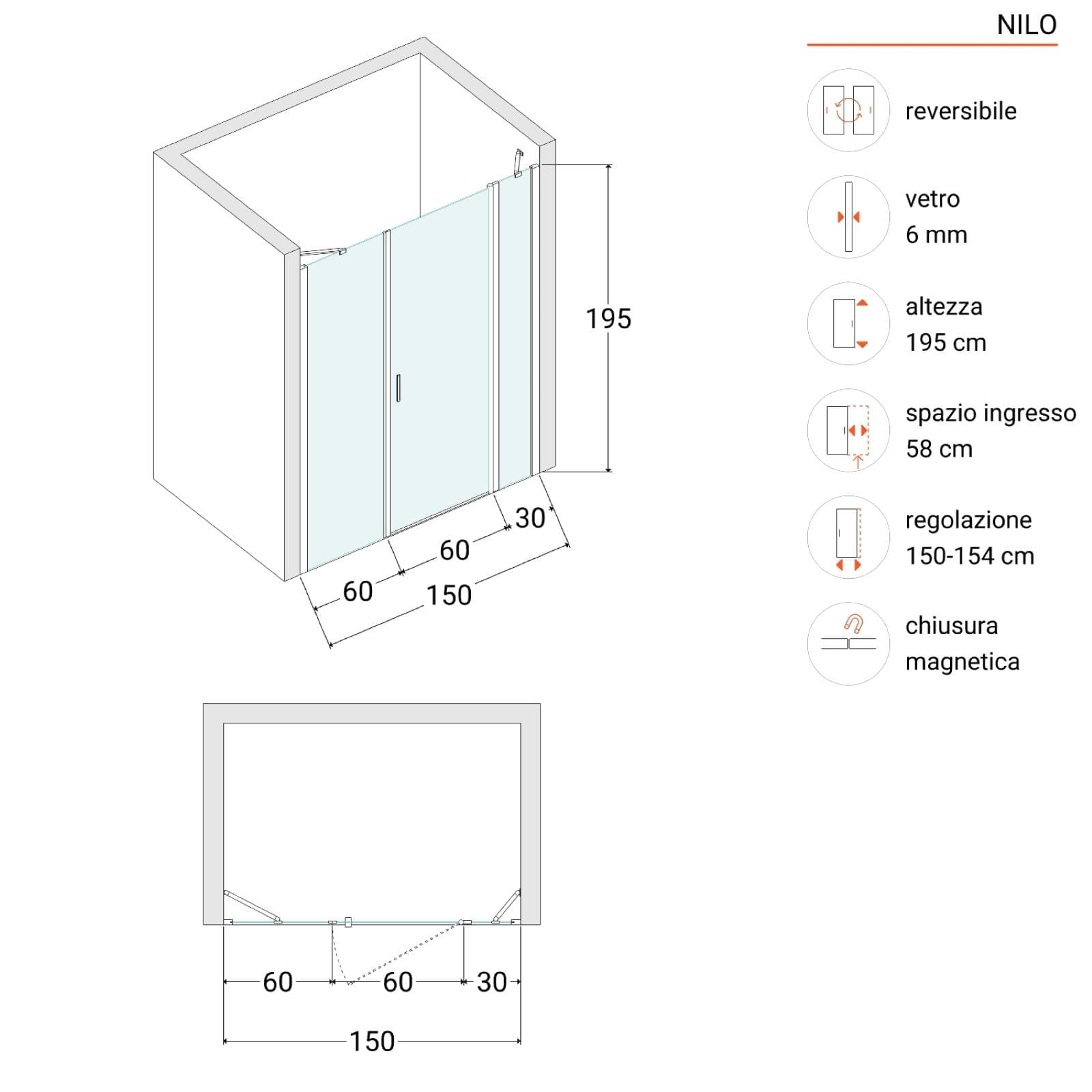 Box doccia nicchia 150 cm 30 giunto + 60 battente + 60 fisso con profilo nero 195h - Nilo