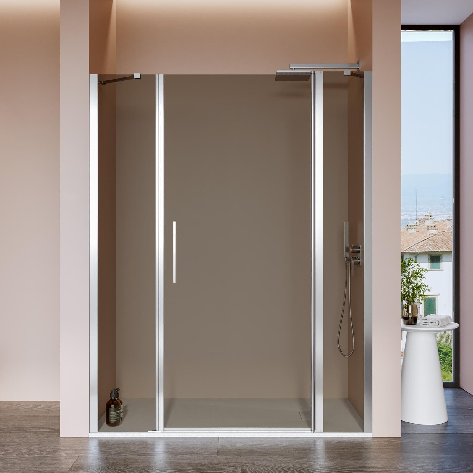 Box doccia nicchia 150 cm 30 giunto + 85 battente + 35 fisso con vetro temperato bronzato e profilo cromo 195h - Nilo