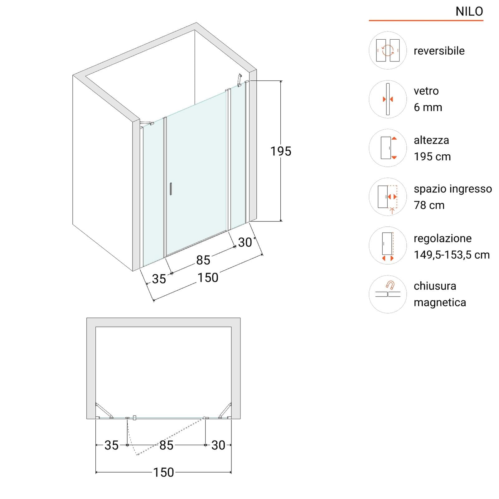 Box doccia nicchia 150 cm 30 giunto + 85 battente + 35 fisso con vetro temperato bronzato e profilo cromo 195h - Nilo