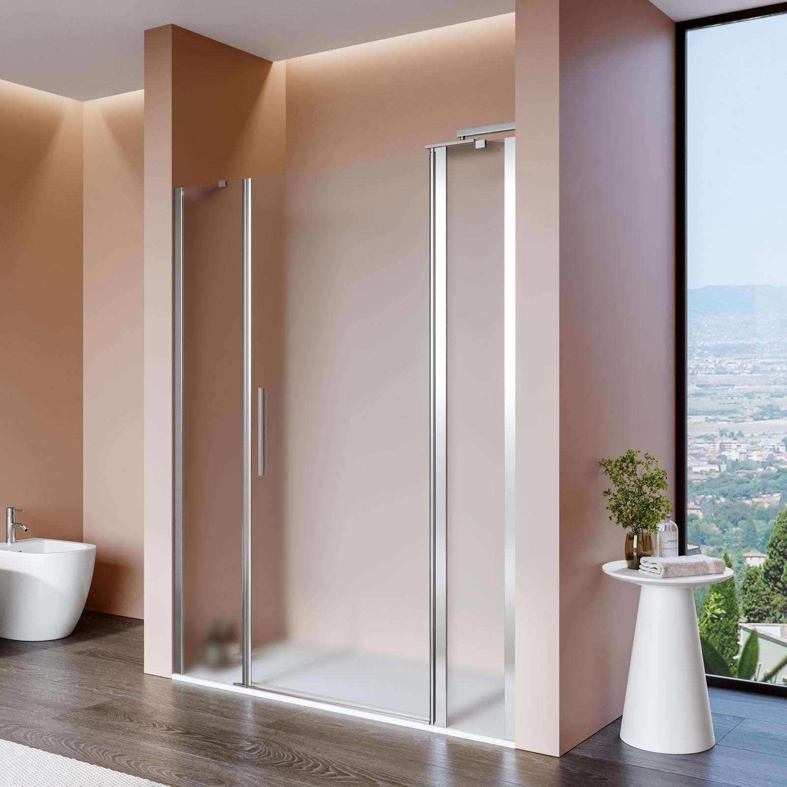 Box doccia nicchia 150 cm 35 giunto + 80 battente + 35 fisso con vetro temperato opaco e profilo cromo 195h - Nilo