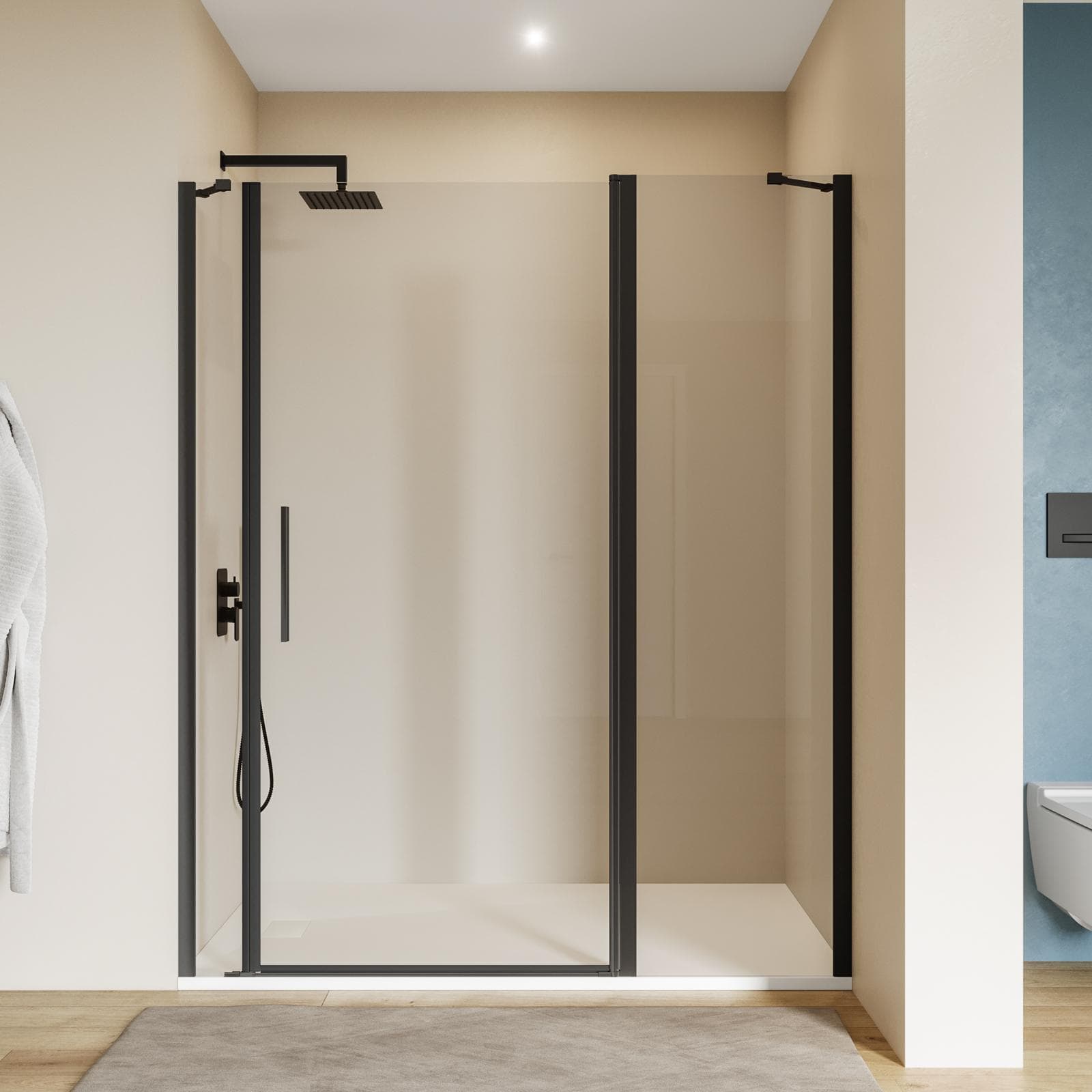 Box doccia nicchia 150 cm 45 giunto + 90 battente + 15 fisso con vetro temperato trasparente e profilo nero opaco 195h - Nilo
