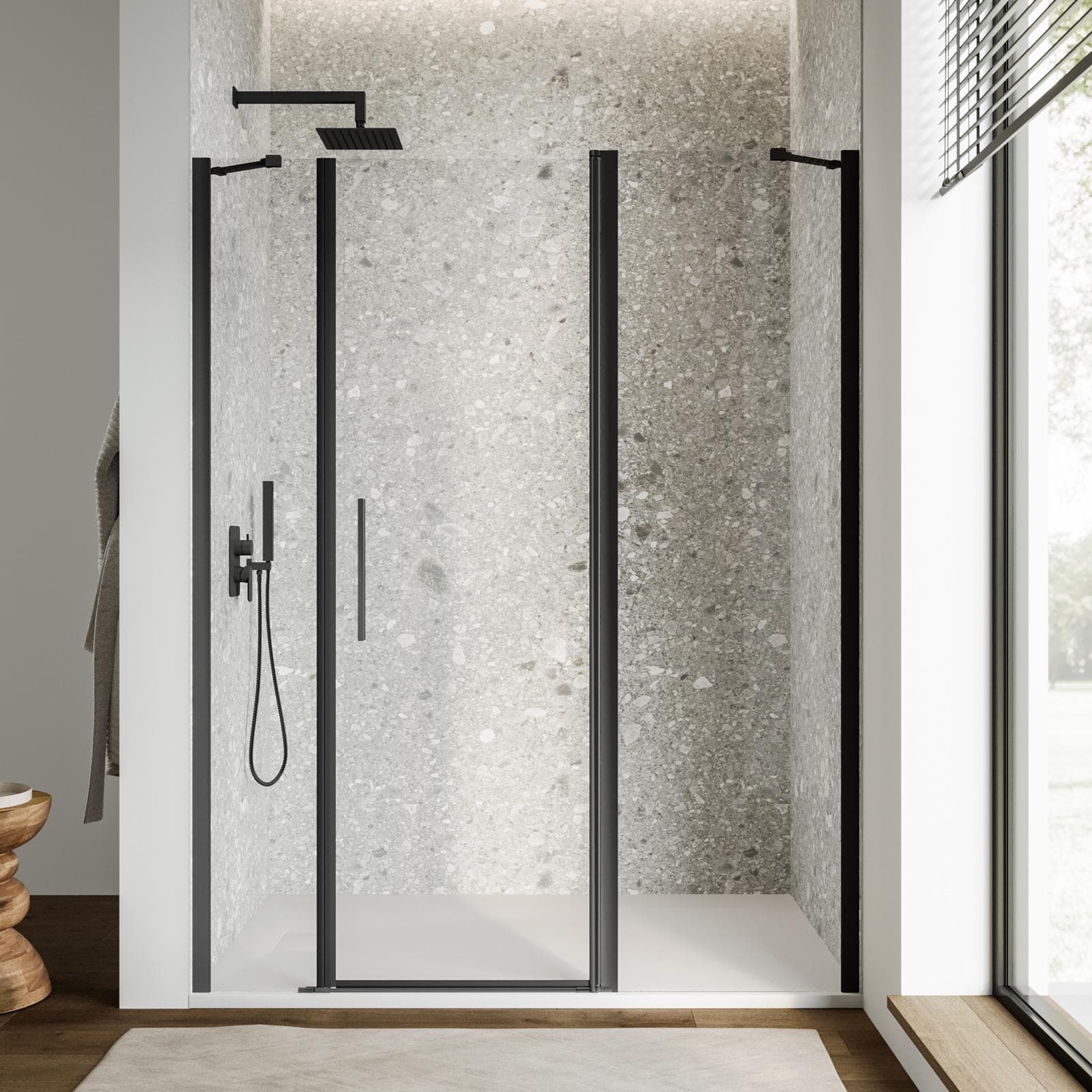 Box doccia nicchia 150 cm 55 giunto + 70 battente + 25 fisso con vetro temperato trasparente e profilo nero opaco 195h - Nilo