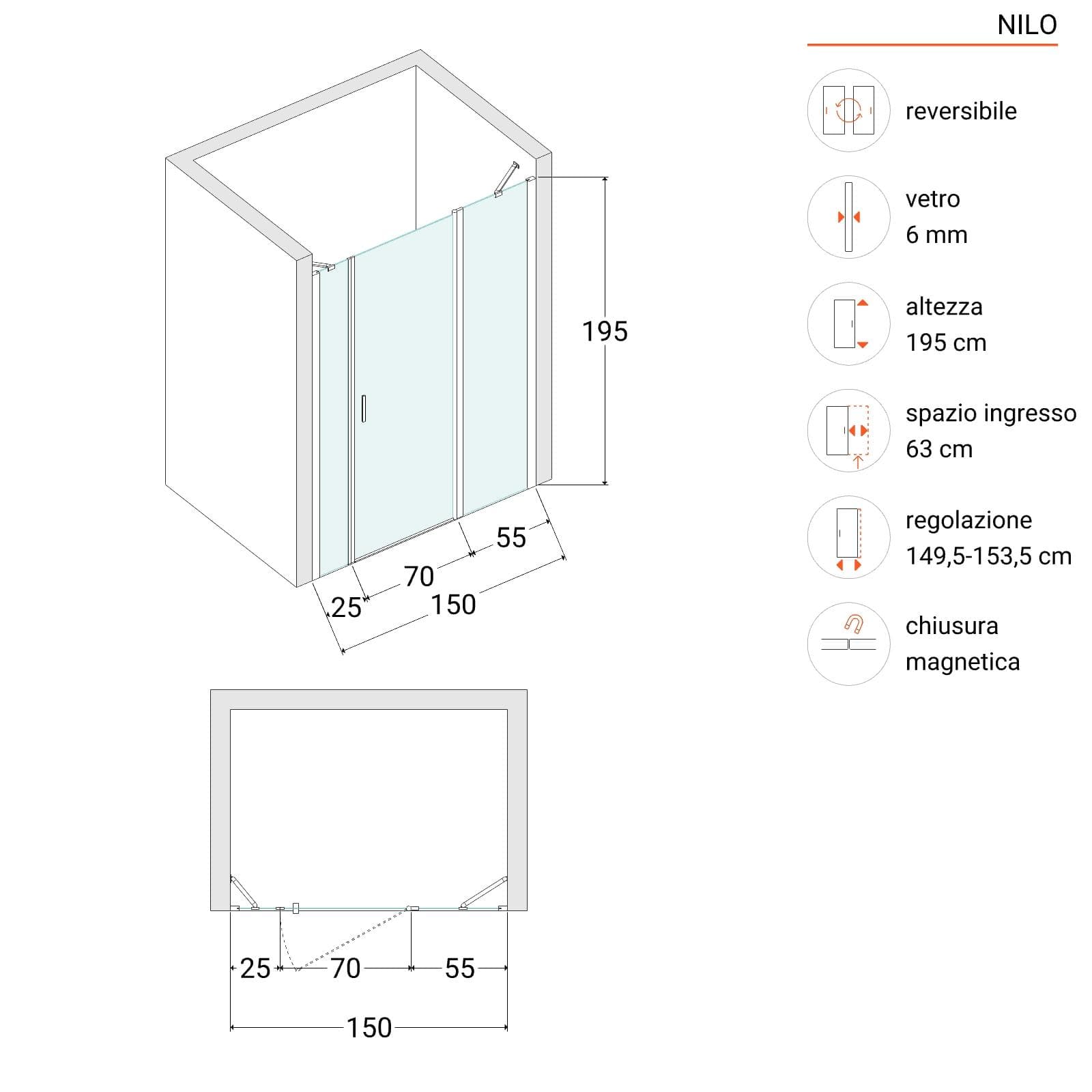 Box doccia nicchia 150 cm 55 giunto + 70 battente + 25 fisso con vetro temperato trasparente e profilo nero opaco 195h - Nilo