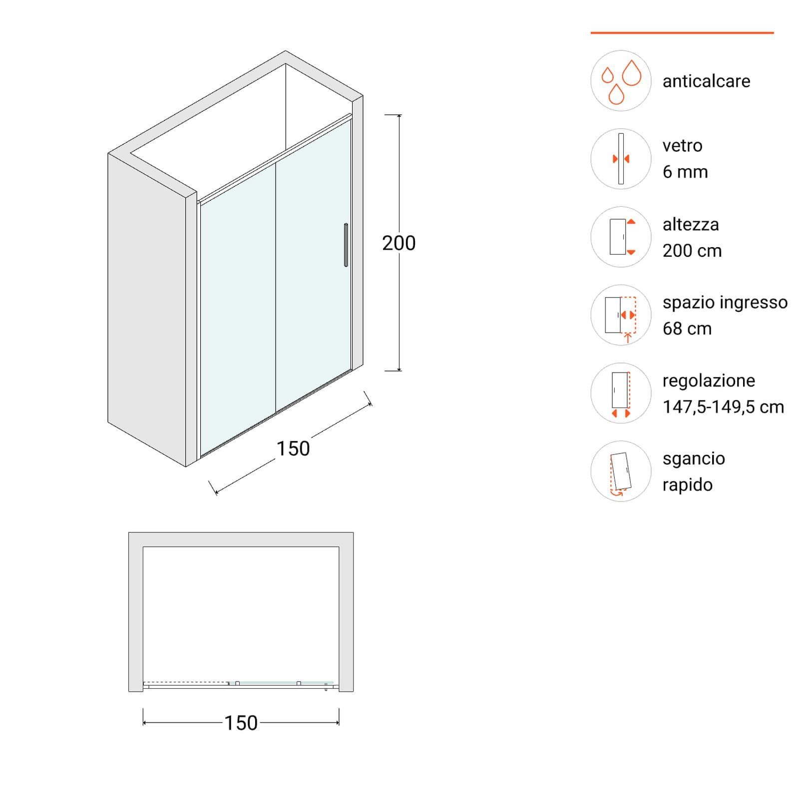 Box doccia nicchia 150 cm scorrevole sx con vetro anticalcare trasparente e profilo cromo 200h - Kiri
