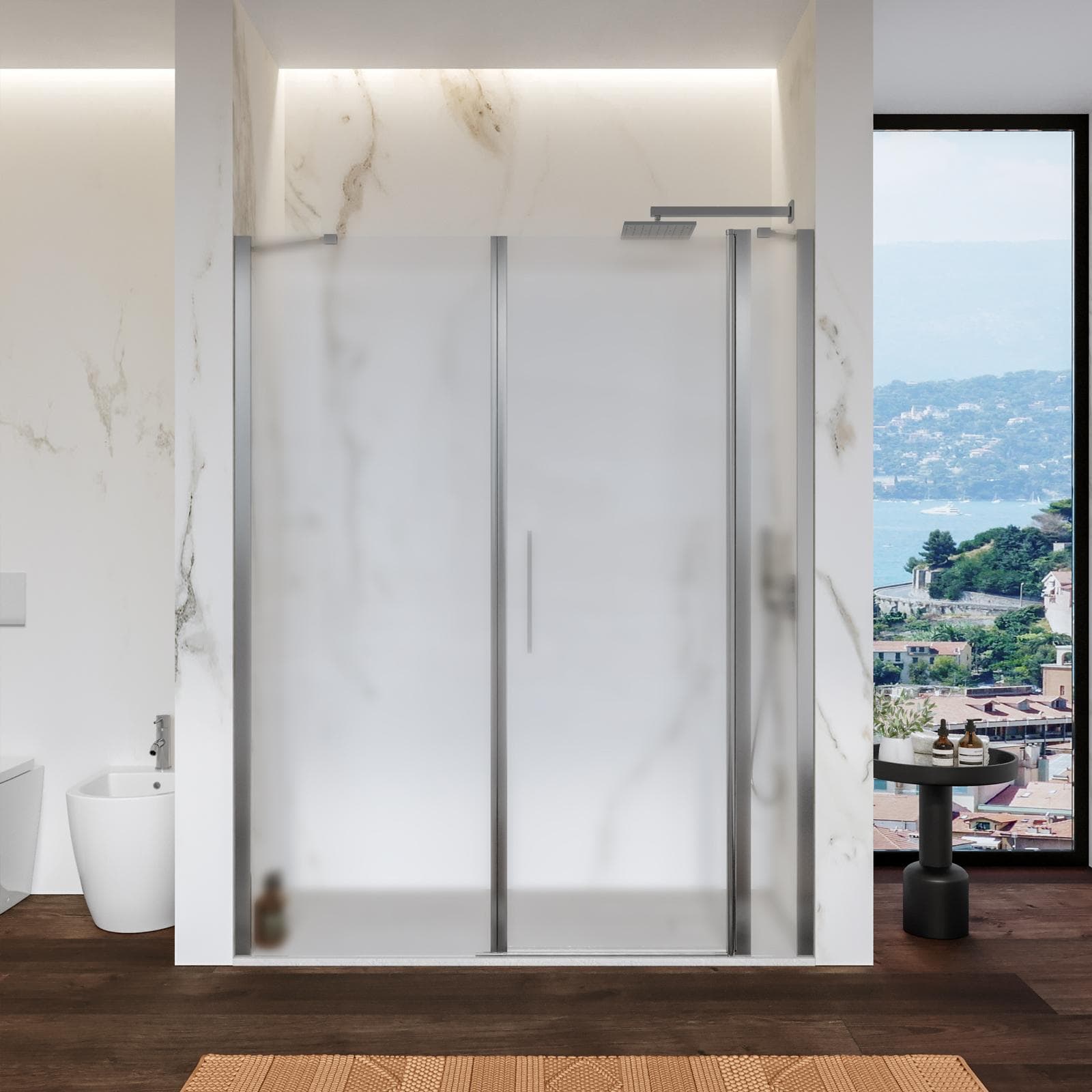 Box doccia nicchia 150cm 20 giunto + 60 battente + 70 fisso con vetro temperato opaco e profilo cromo 195h - Nilo