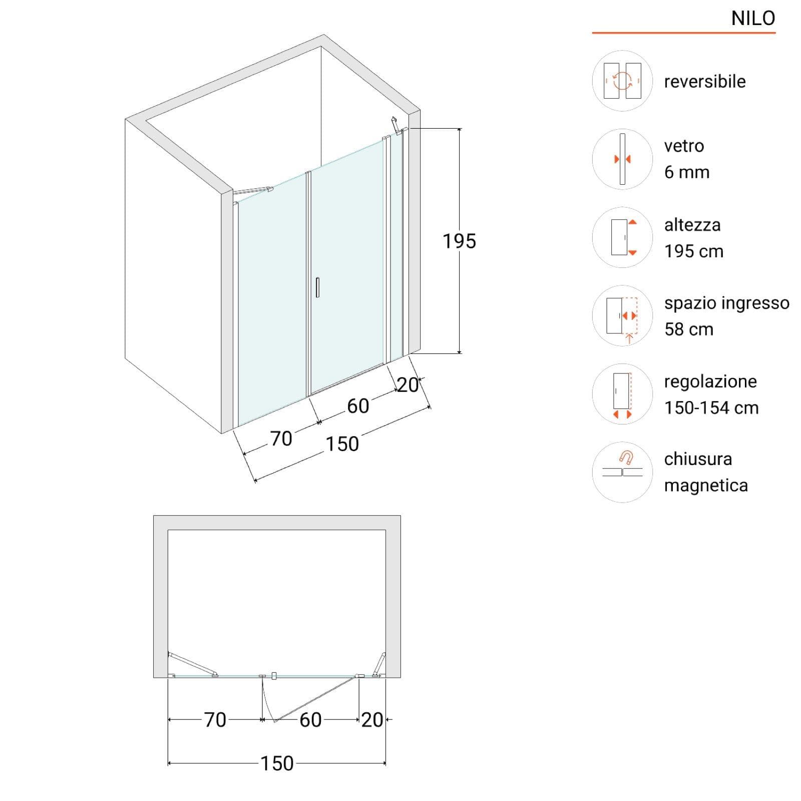 Box doccia nicchia 150cm 20 giunto + 60 battente + 70 fisso con vetro temperato opaco e profilo cromo 195h - Nilo