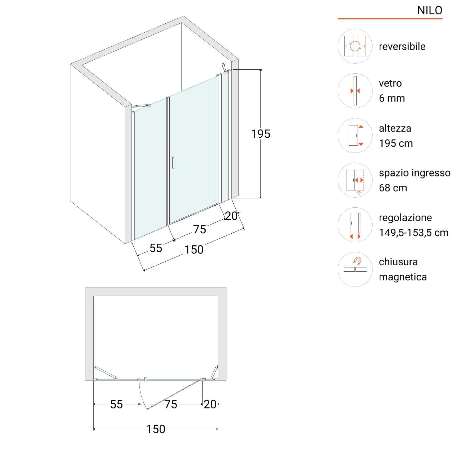 Box doccia nicchia 150cm 20 giunto + 75 battente + 55 fisso trasparente 195h - Nilo