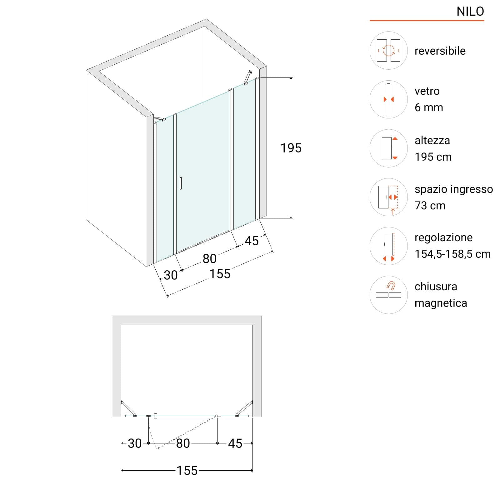 Box doccia nicchia 155 cm 45 giunto + 80 battente + 30 fisso con vetro temperato opaco e profilo cromo 195h - Nilo