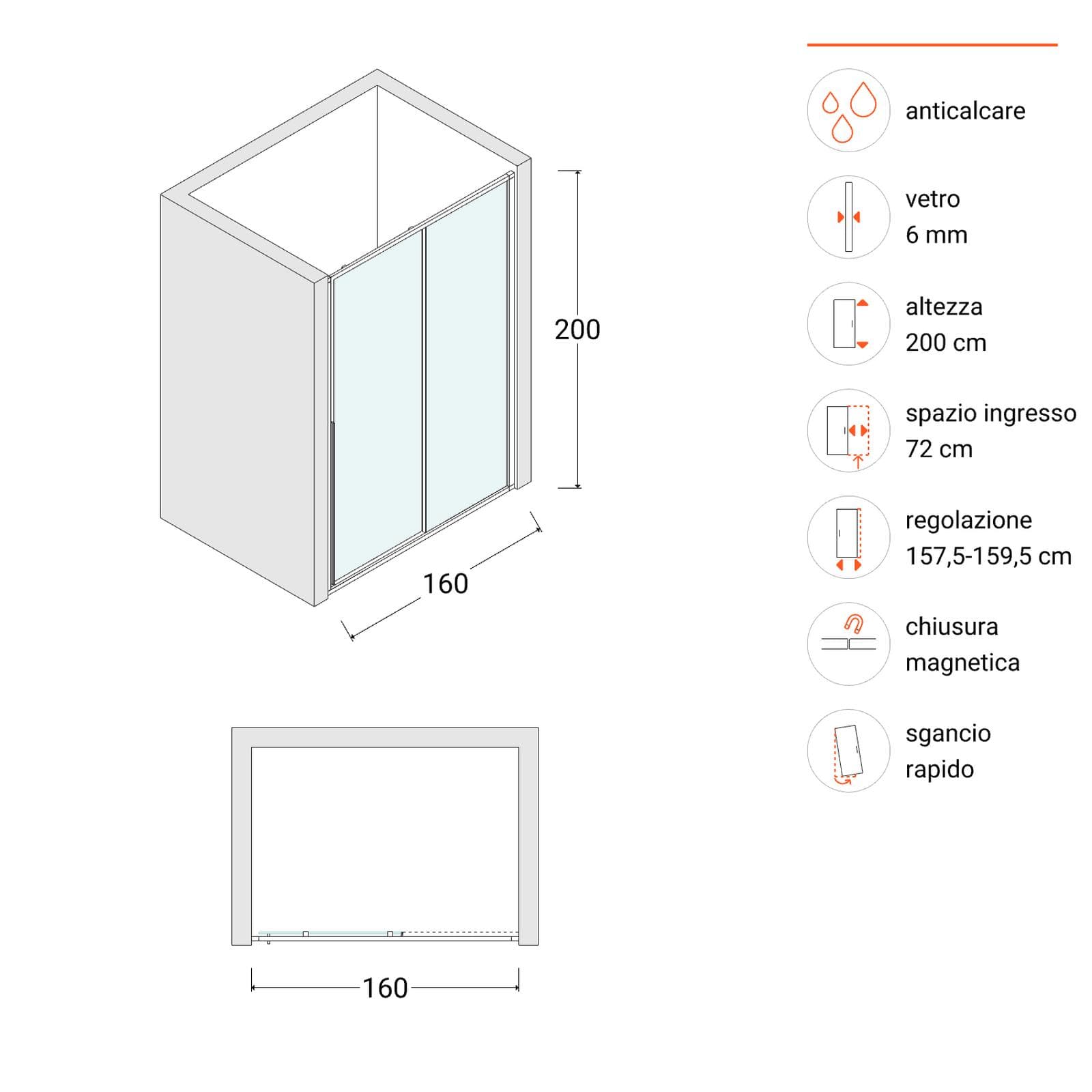 Box doccia nicchia 160 cm scorrevole dx vetro anticalcare trasparente profilo nero 200h - Helena