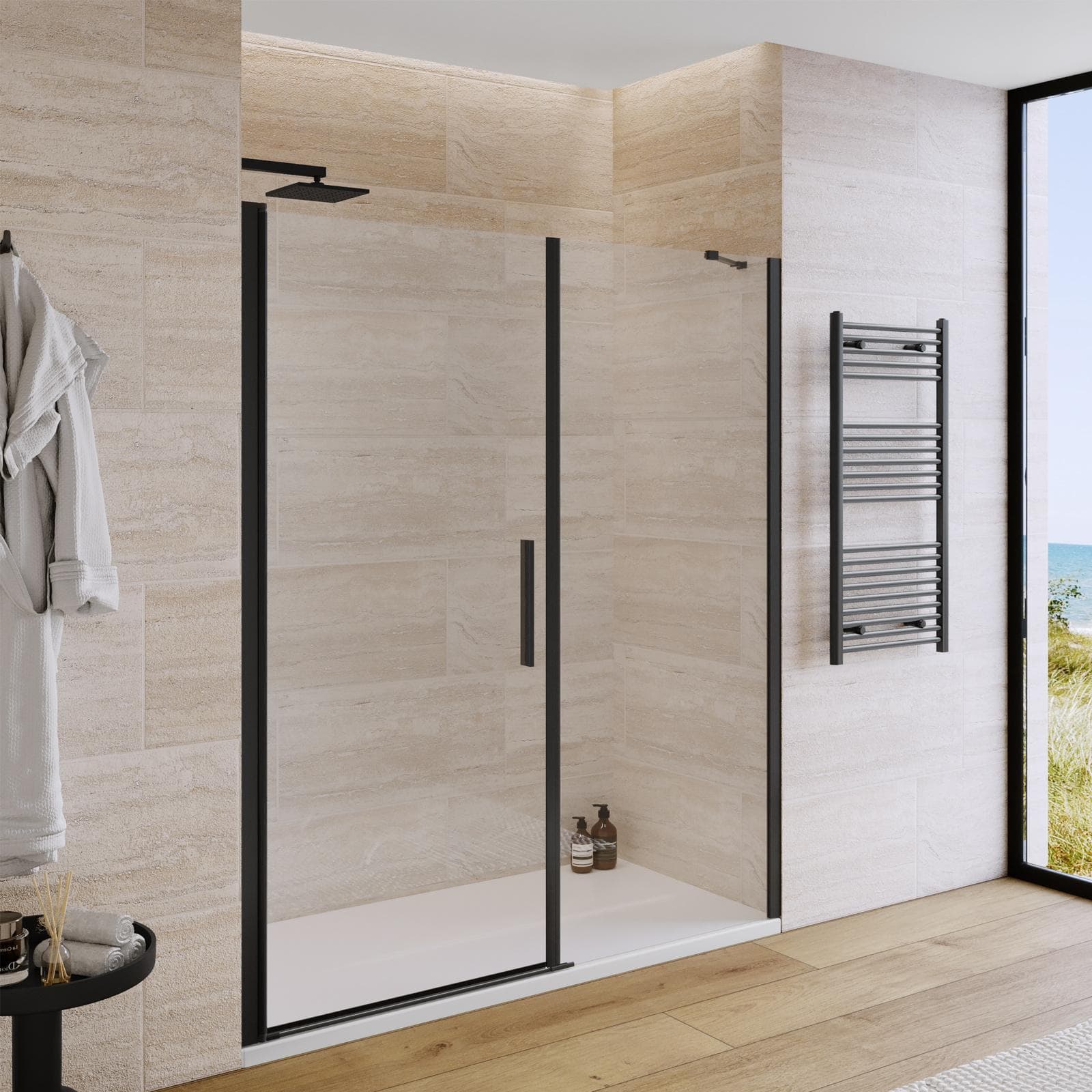 Box doccia nicchia 165 cm battente 85 cm e lato fisso con vetro temperato trasparente e profilo nero 190h - Nilo