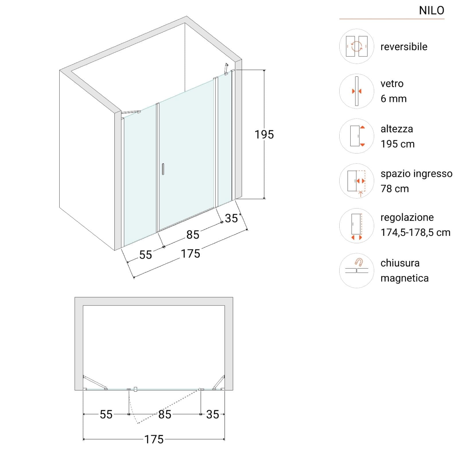 Box doccia nicchia 175cm 35 giunto + 90 battente + 55 fisso opaco 190h - Nilo