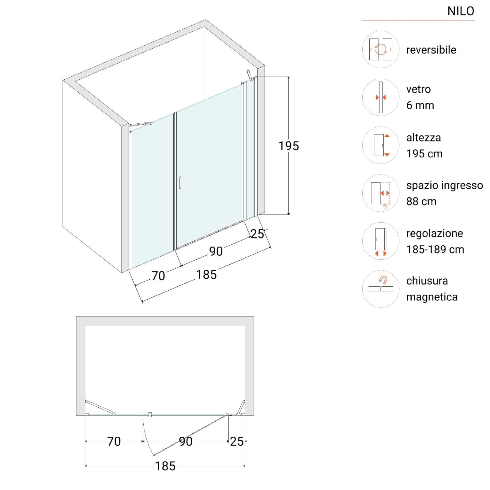 Box doccia nicchia 185cm 25 giunto + 100 battente + 70 fisso opaco 195h - Nilo