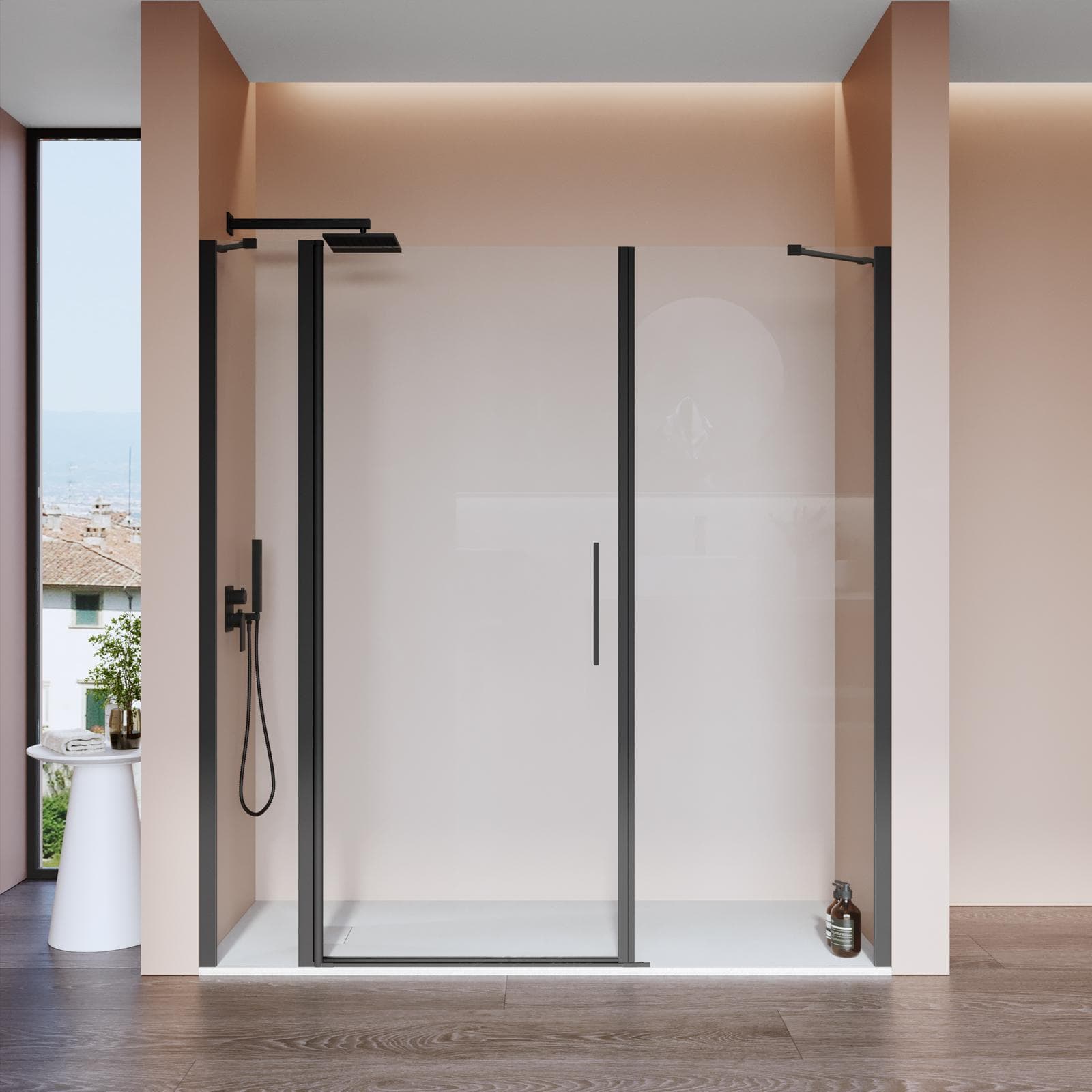 Box doccia nicchia 190 cm 35 giunto + 80 battente + 75 fisso con vetro temperato trasparente e profilo nero 195h - Nilo