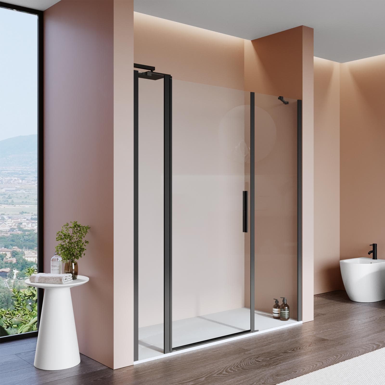 Box doccia nicchia 190 cm 35 giunto + 90 battente + 65 fisso con profilo nero 195h - Nilo