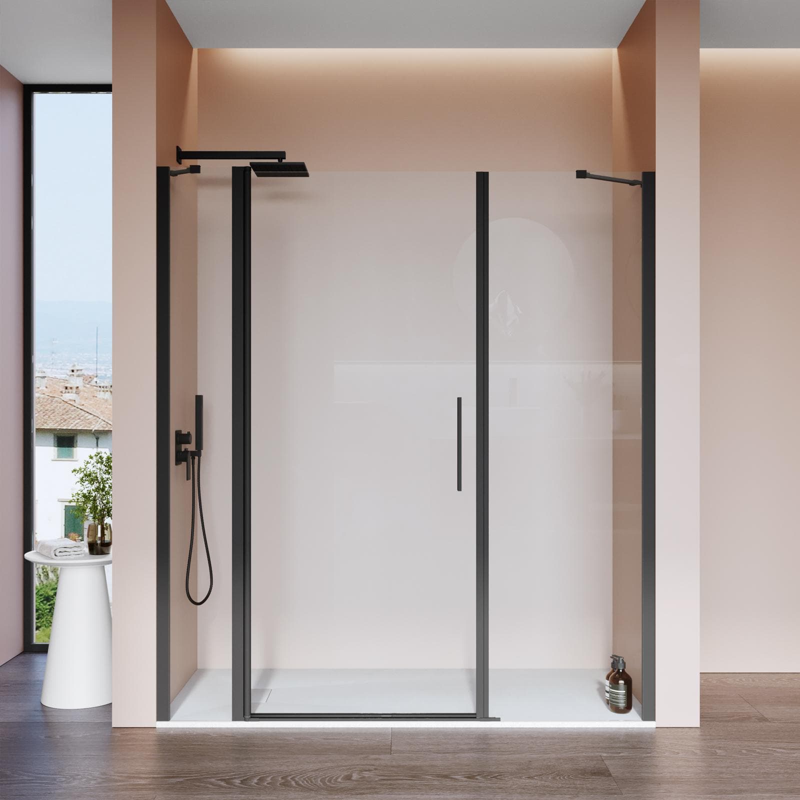 Box doccia nicchia 190 cm 35 giunto + 90 battente + 65 fisso con profilo nero 195h - Nilo