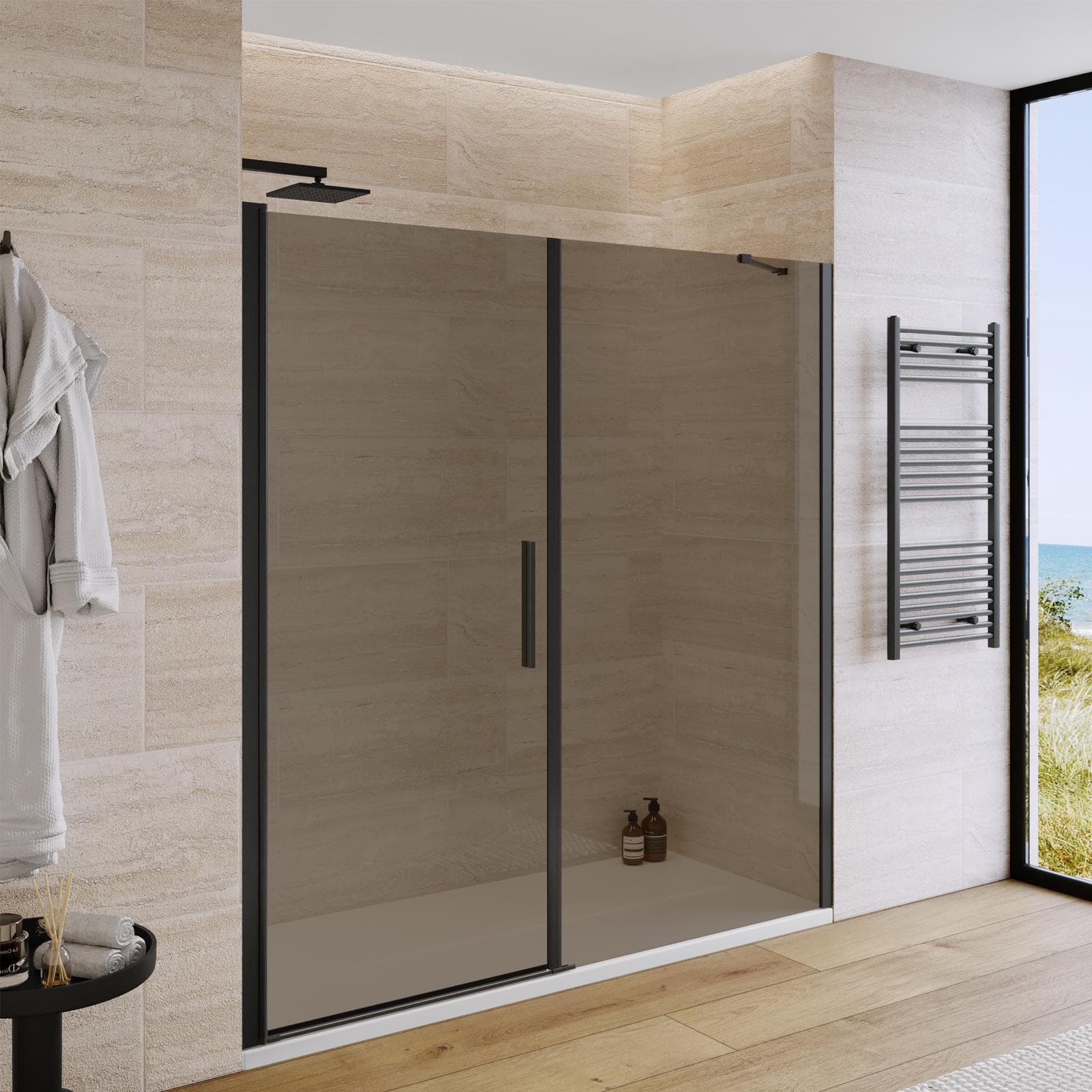 Box doccia nicchia 190 cm battente 90 cm e lato fisso con vetro temperato bronzato e profilo nero opaco 195h - Nilo
