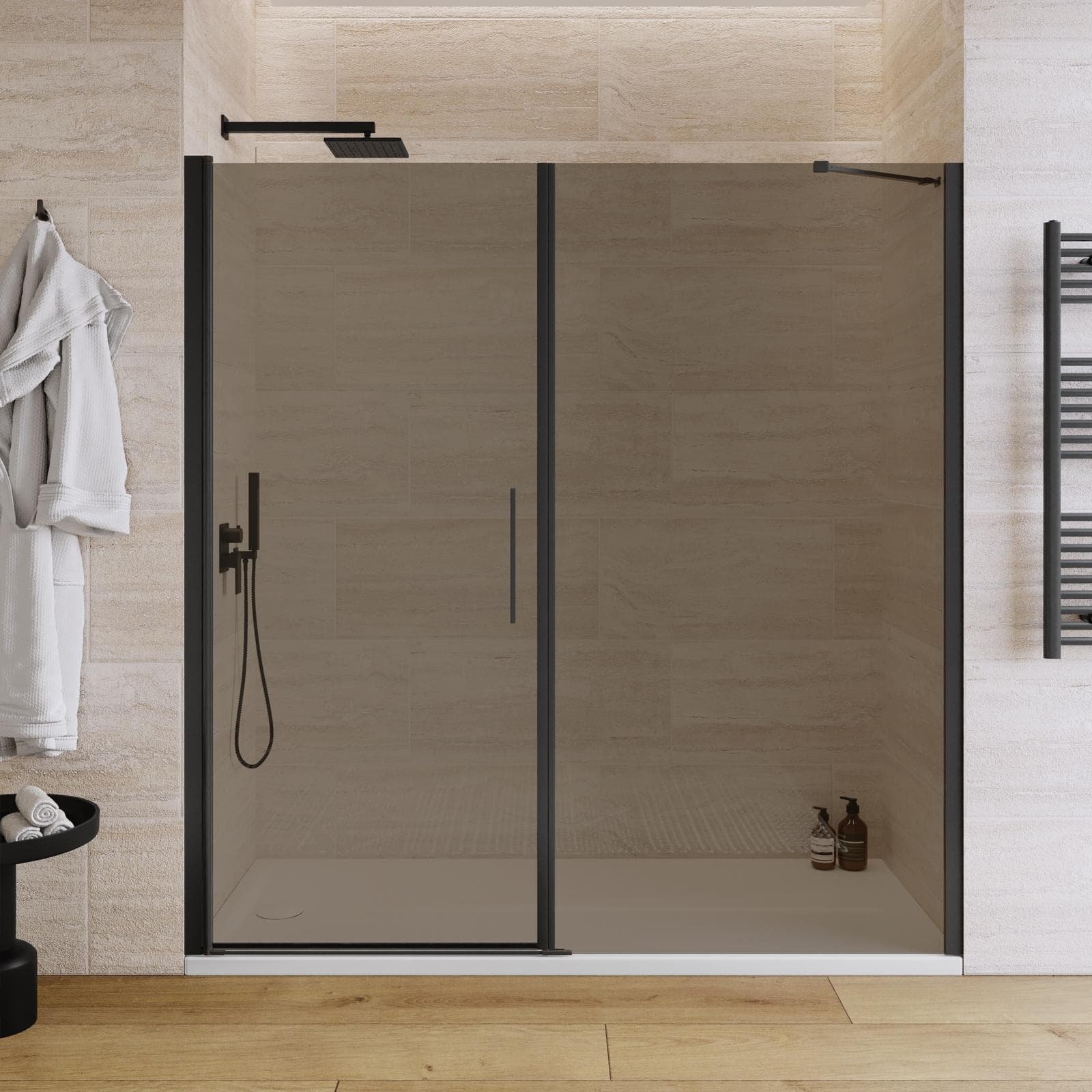 Box doccia nicchia 190 cm battente 90 cm e lato fisso con vetro temperato bronzato e profilo nero opaco 195h - Nilo