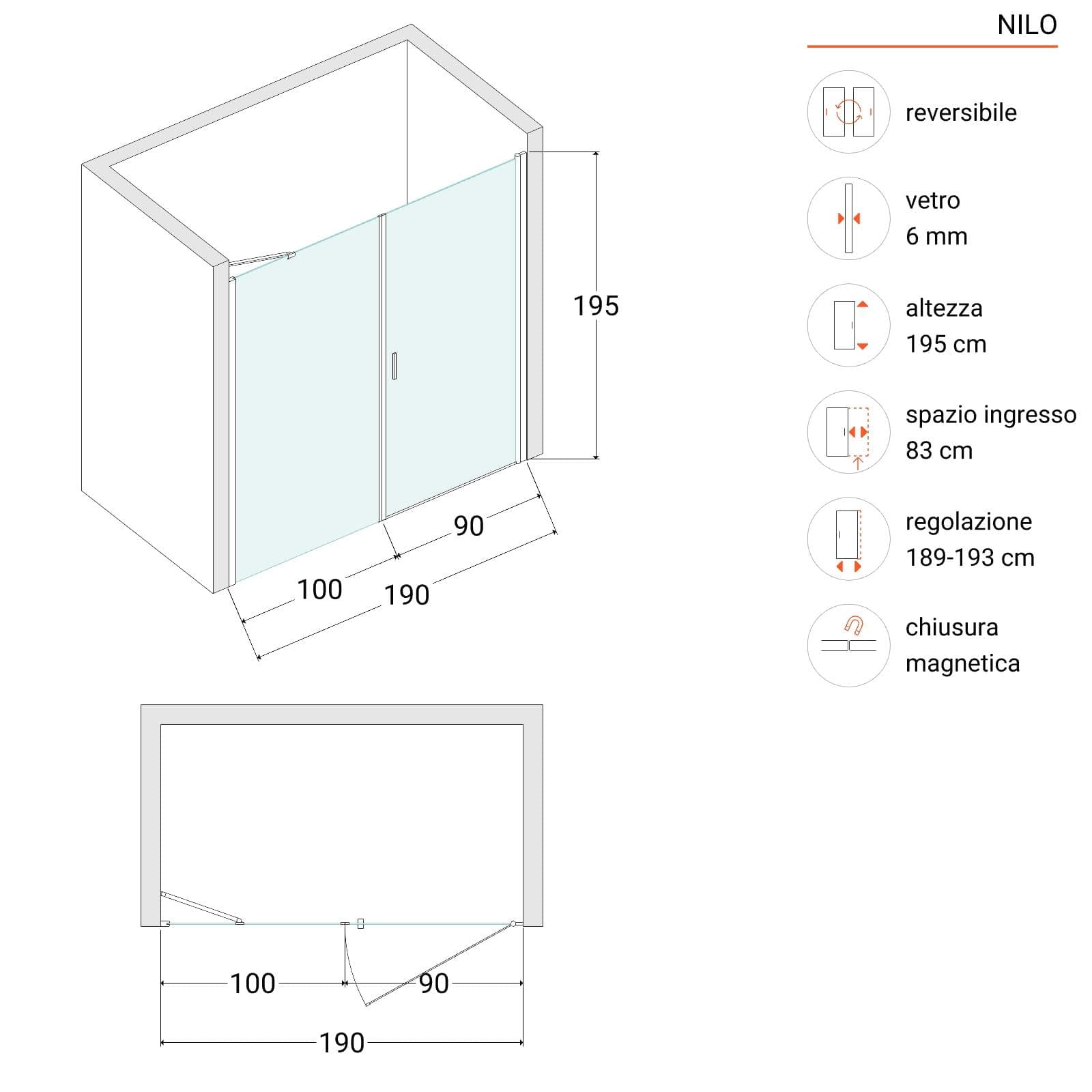 Box doccia nicchia 190 cm battente 90 cm e lato fisso con vetro temperato trasparente e profilo nero opaco 195h - Nilo