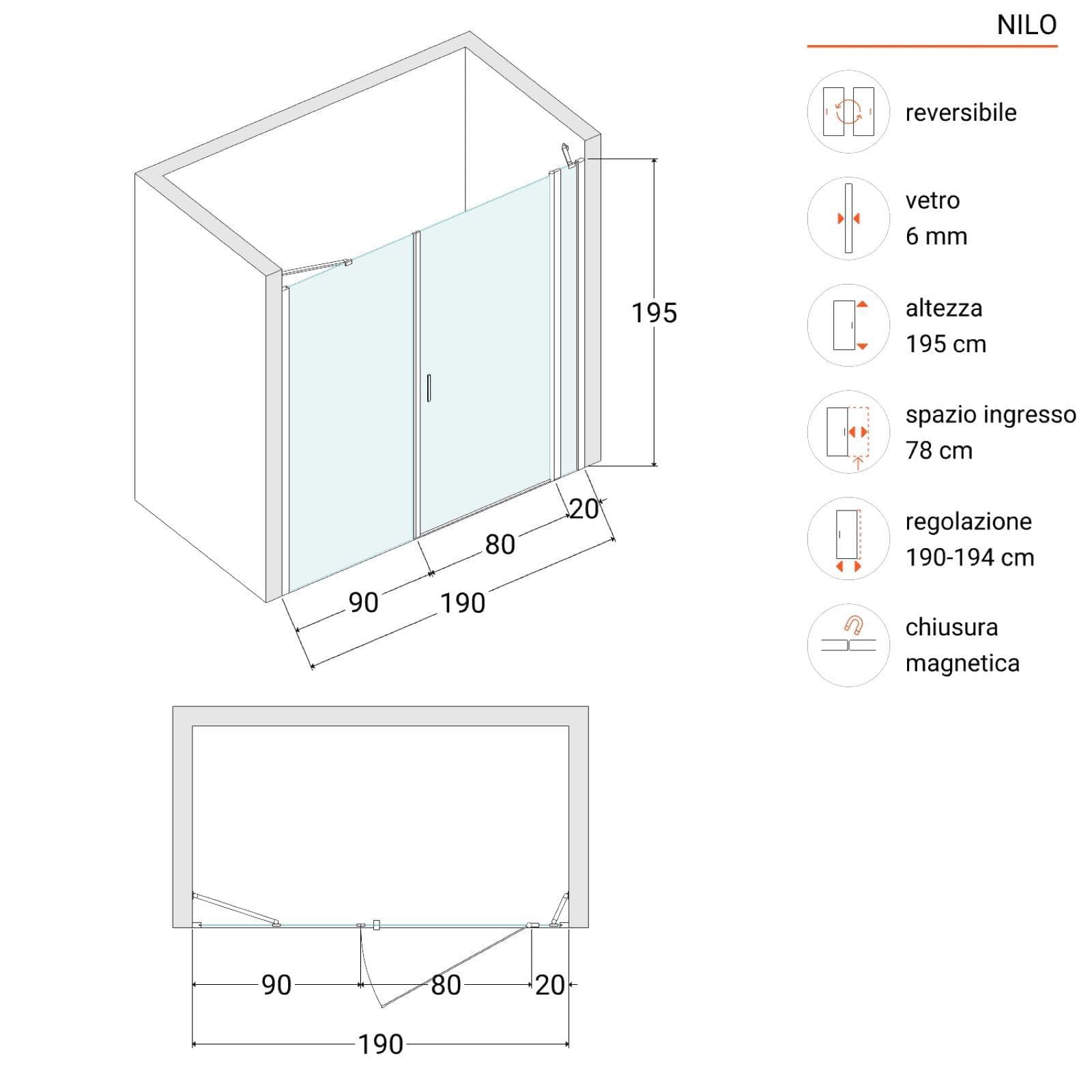 Box doccia nicchia 190cm 20 giunto + 80 battente + 90 fisso trasparente 195h - Nilo