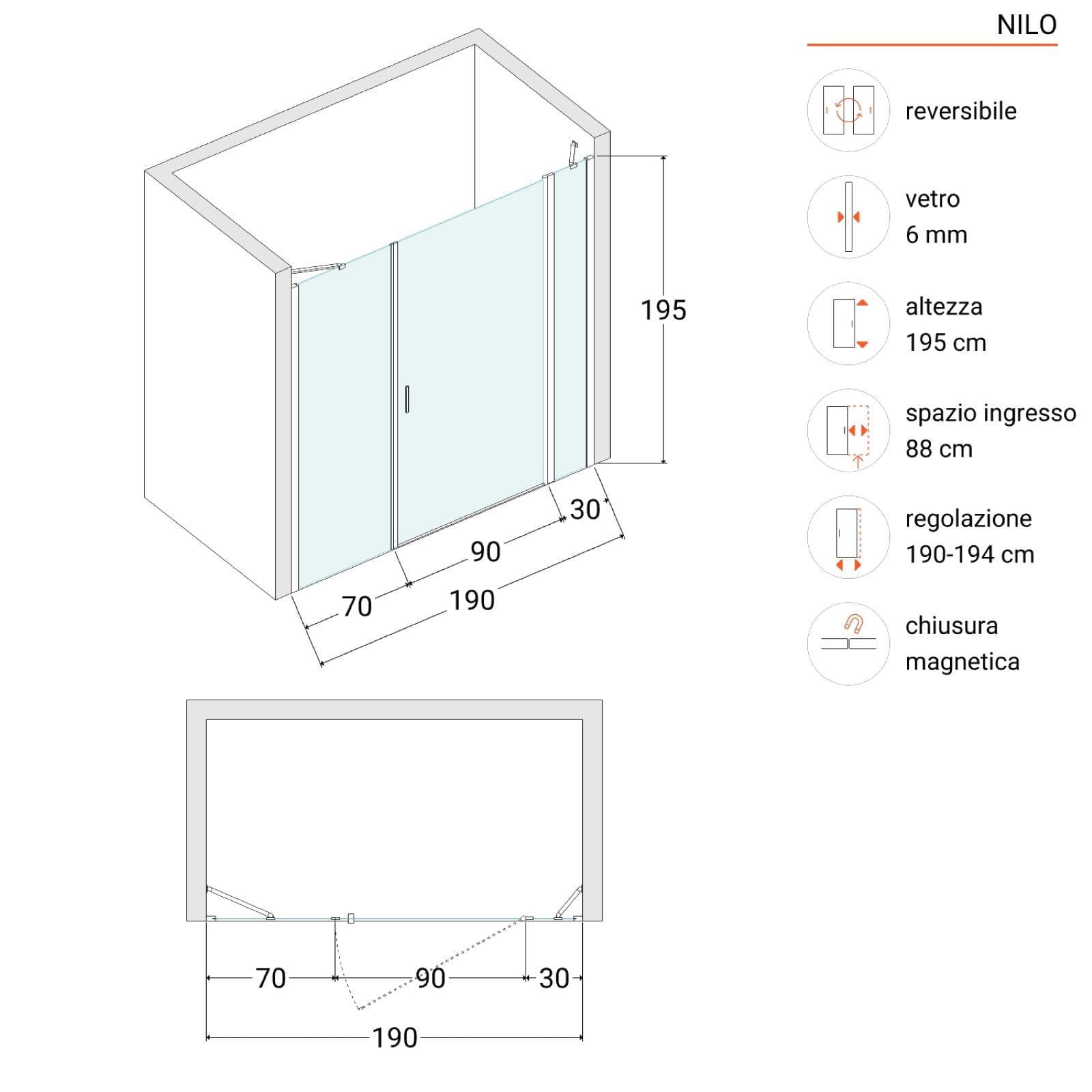Box doccia nicchia 190 cm 30 giunto + 90 battente + 70 fisso con vetro temperato trasparente e profilo cromo 195h - Nilo