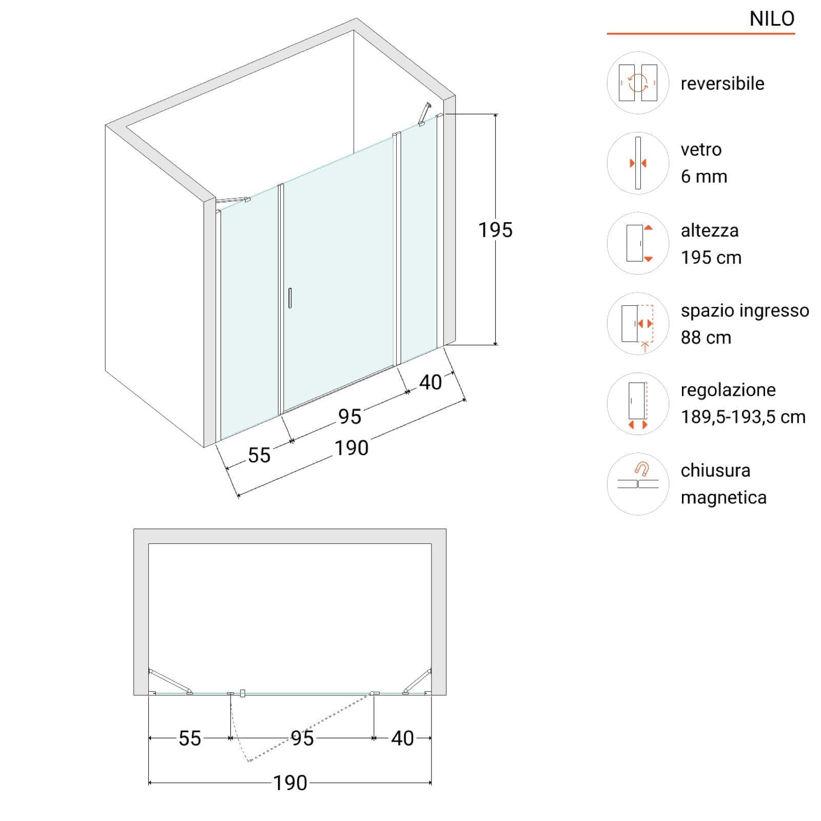 Box doccia nicchia 190cm 40 giunto + 100 battente + 55 fisso opaco 190h - Nilo