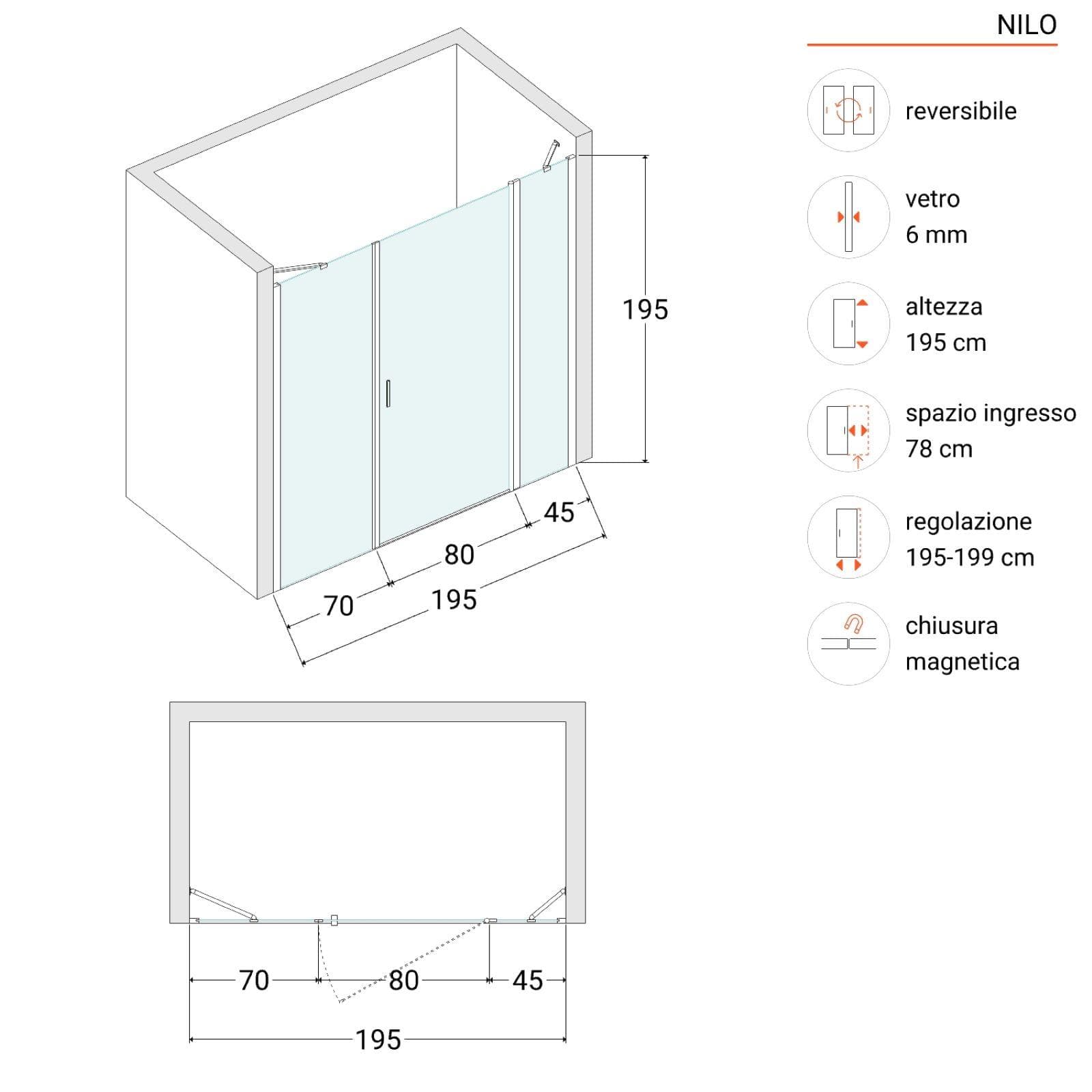 Box doccia nicchia 195 cm 45 giunto + 80 battente + 70 fisso con profilo nero 195h - Nilo