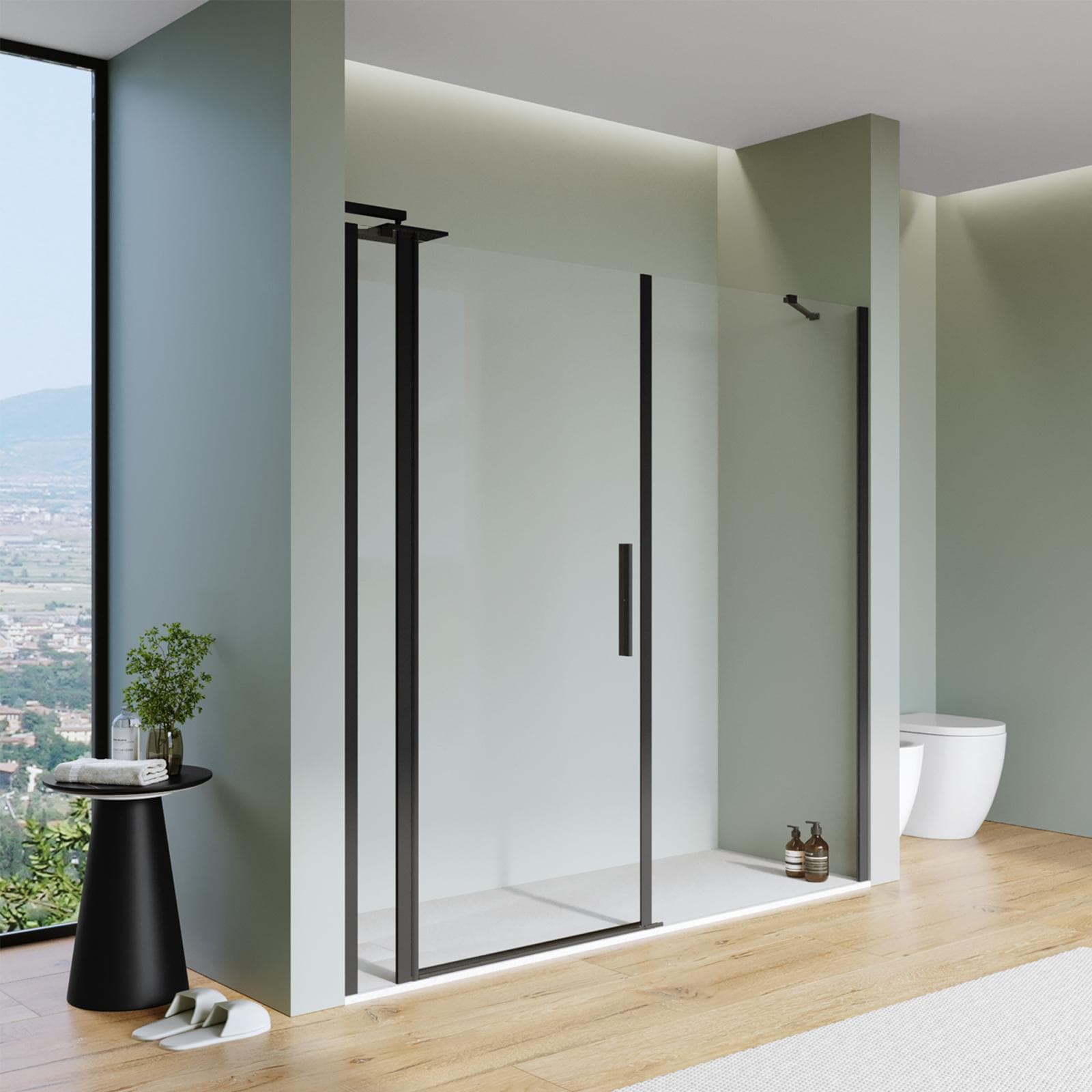 Box doccia nicchia 200 cm 20 giunto + 80 battente + 100 fisso con profilo nero 195h - Nilo