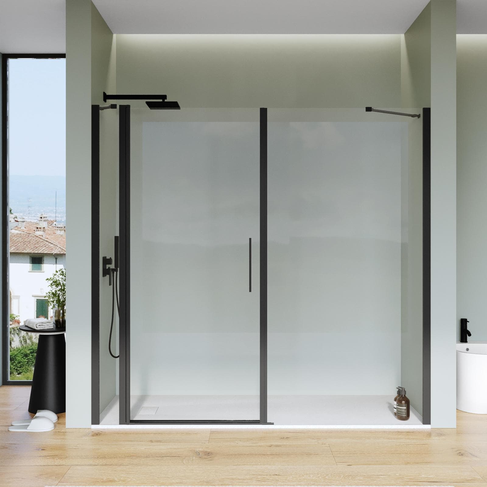 Box doccia nicchia 200 cm 20 giunto + 80 battente + 100 fisso con profilo nero 195h - Nilo