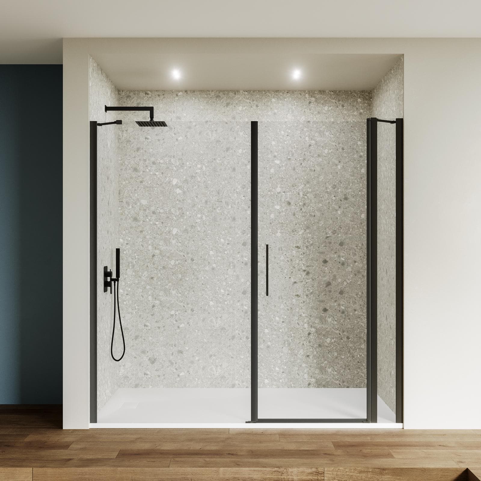 Box doccia nicchia 200 cm 25 giunto + 75 battente + 100 fisso con vetro temperato trasparente e profilo nero opaco 195h - Nilo