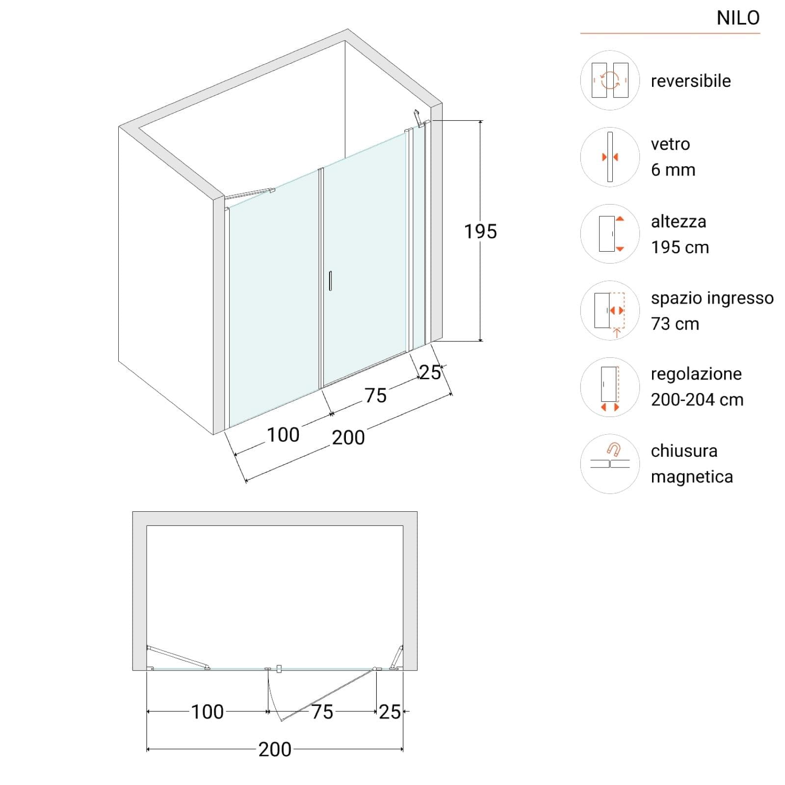 Box doccia nicchia 200 cm 25 giunto + 75 battente + 100 fisso con vetro temperato trasparente e profilo nero opaco 195h - Nilo