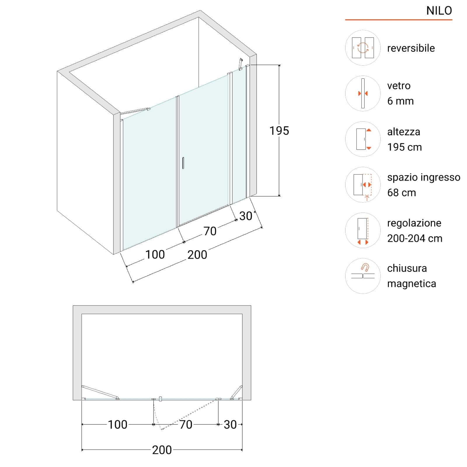 Box doccia nicchia 200 cm 30 giunto + 70 battente + 100 fisso con profilo nero 195h - Nilo