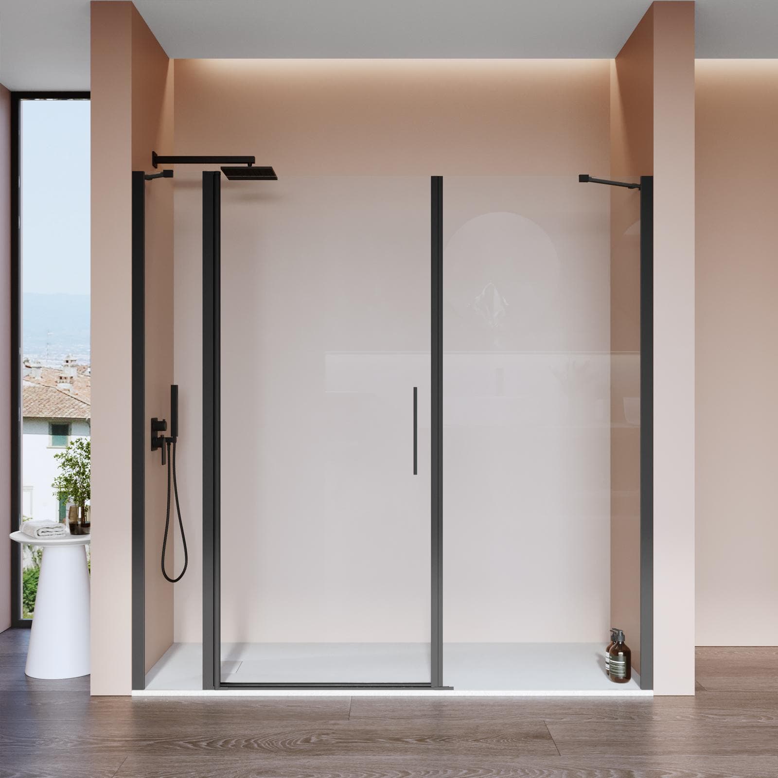 Box doccia nicchia 200 cm 30 giunto+80 battente+90 fisso con profilo nero 195h - Nilo