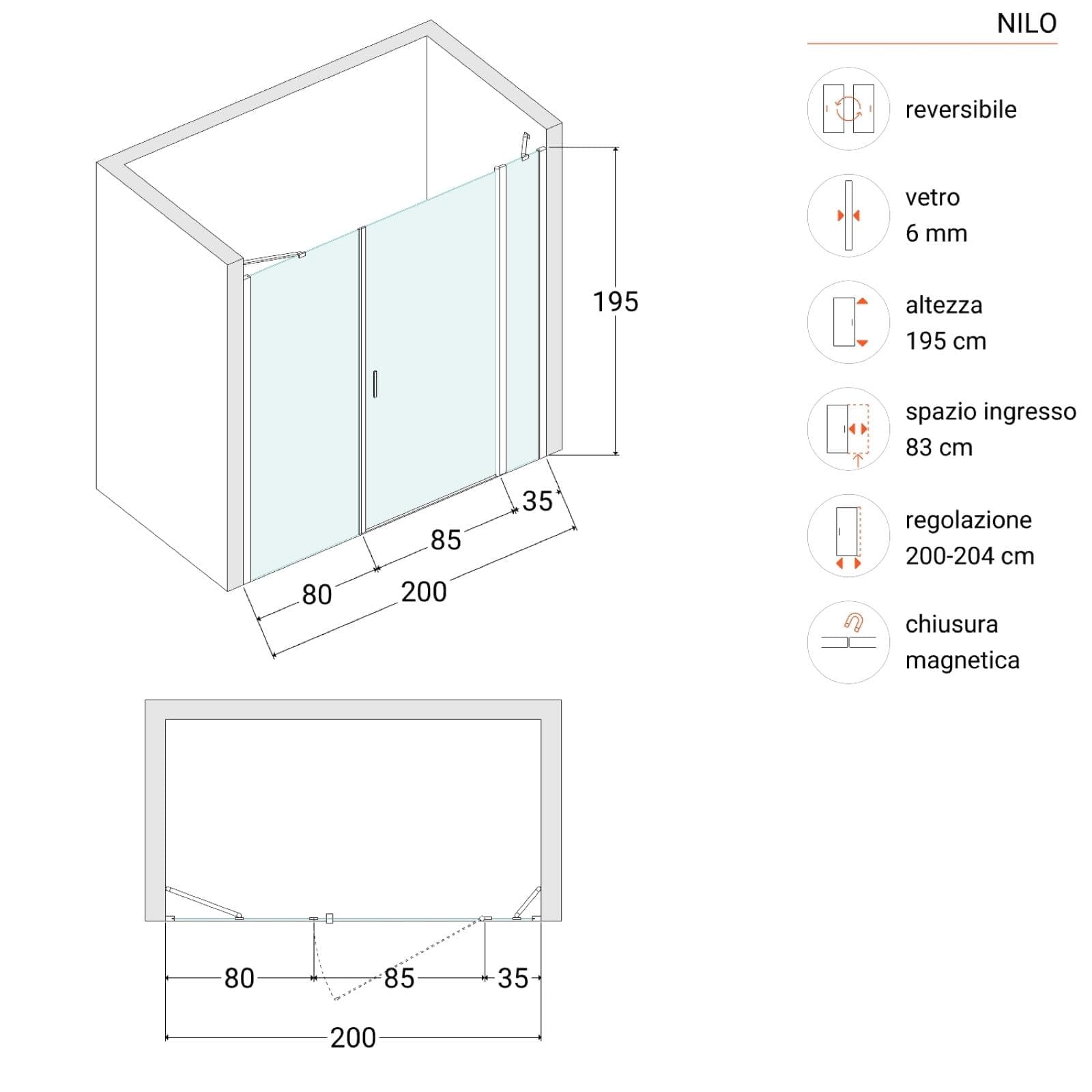 Box doccia nicchia 200 cm 35 giunto + 85 battente + 80 fisso con vetro temperato opaco e profilo cromo 195h - Nilo