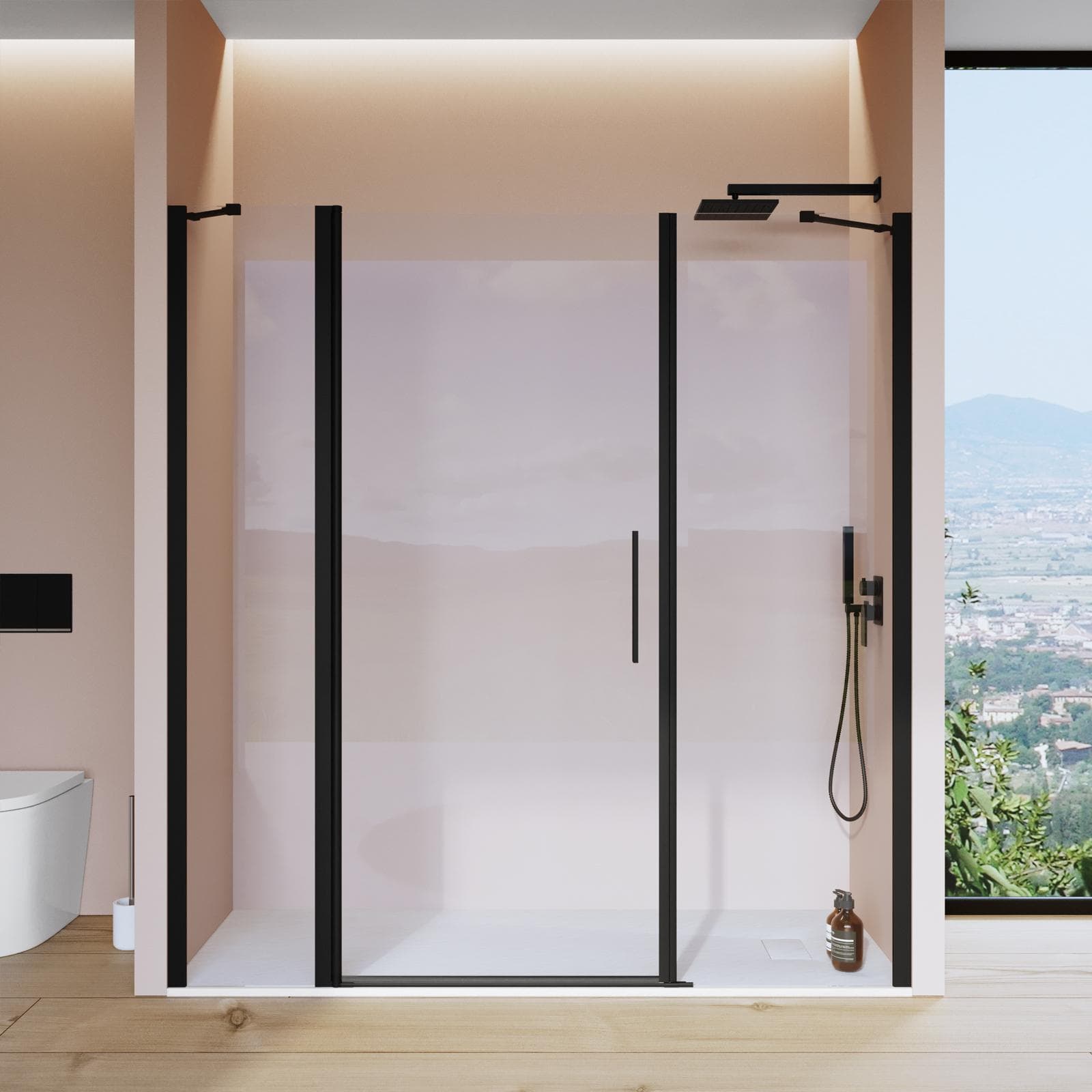Box doccia nicchia 200 cm 45 giunto + 90 battente + 65 fisso con profilo nero 195h - Nilo