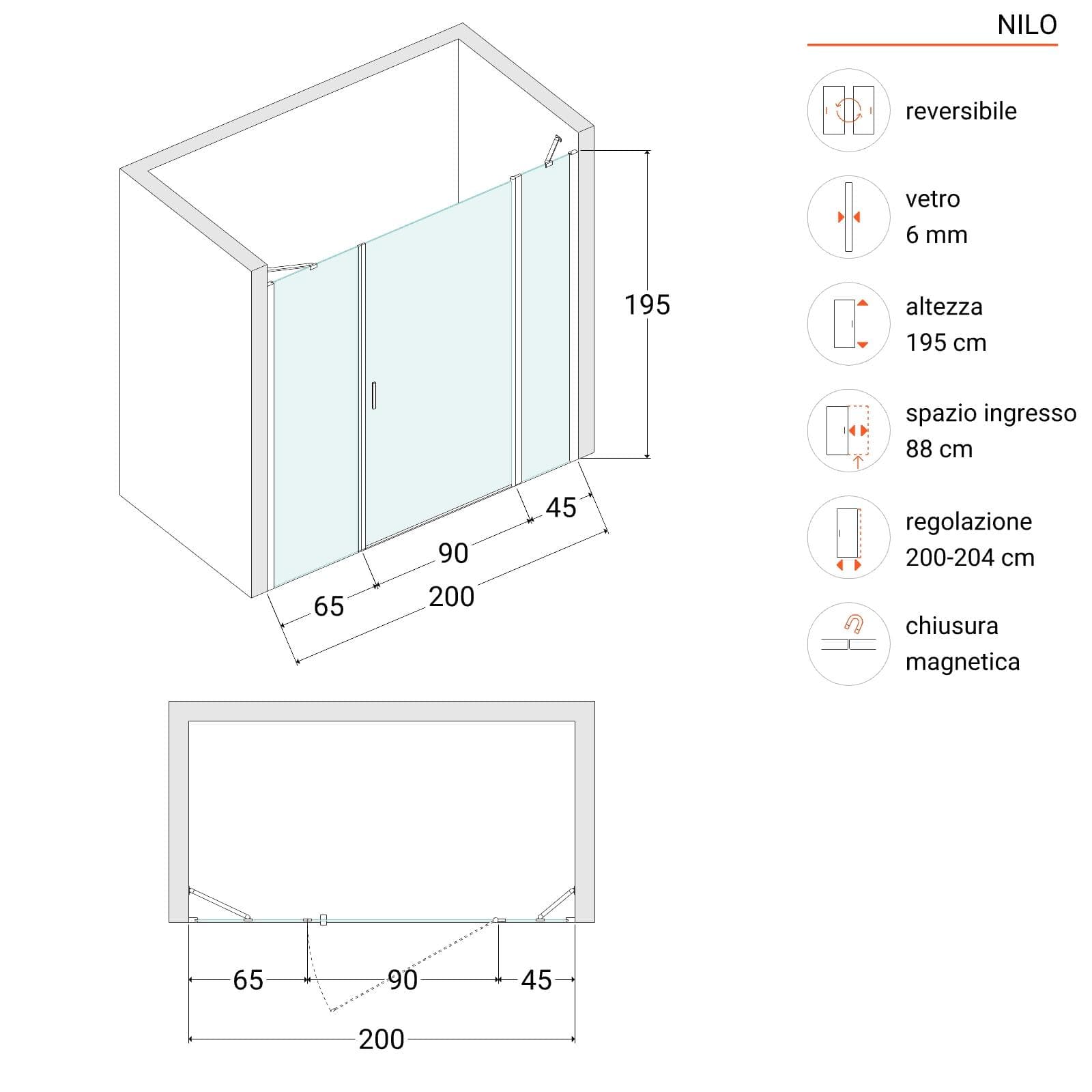 Box doccia nicchia 200 cm 45 giunto + 90 battente + 65 fisso con profilo nero 195h - Nilo