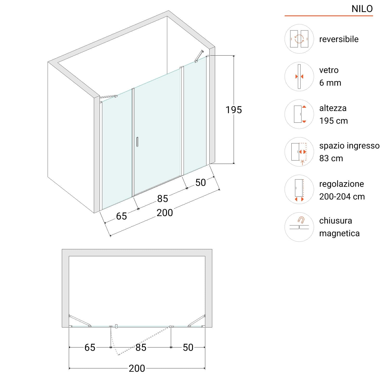 Box doccia nicchia 200 cm 50 giunto + 85 battente + 65 fisso con vetro temperato trasparente e profilo cromo 195h - Nilo
