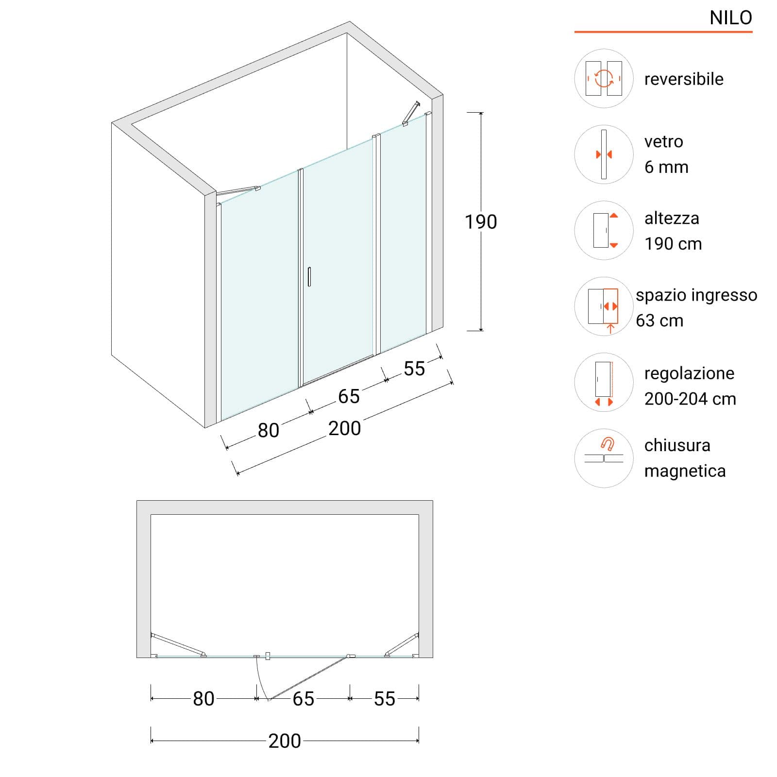 Box doccia nicchia 200 cm 55 giunto + 65 battente + 80 fisso con vetro temperato bronzato e profilo nero opaco 195h - Nilo