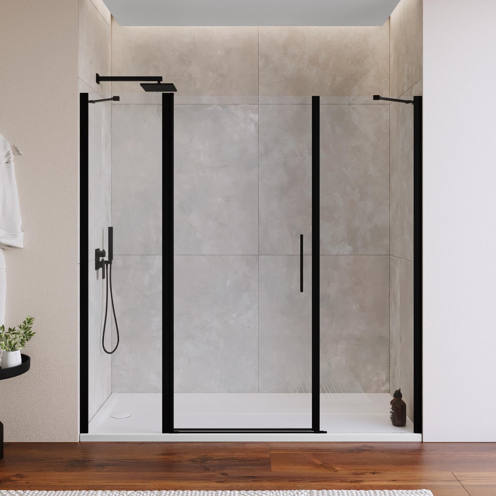 Box doccia nicchia 200 cm 55 giunto + 80 battente + 65 fisso con profilo nero 195h - Nilo