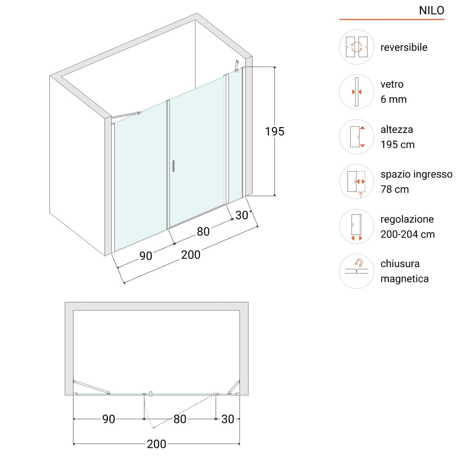 Box doccia nicchia 200cm 30 giunto + 90 battente + 90 fisso trasparente 195h - Nilo