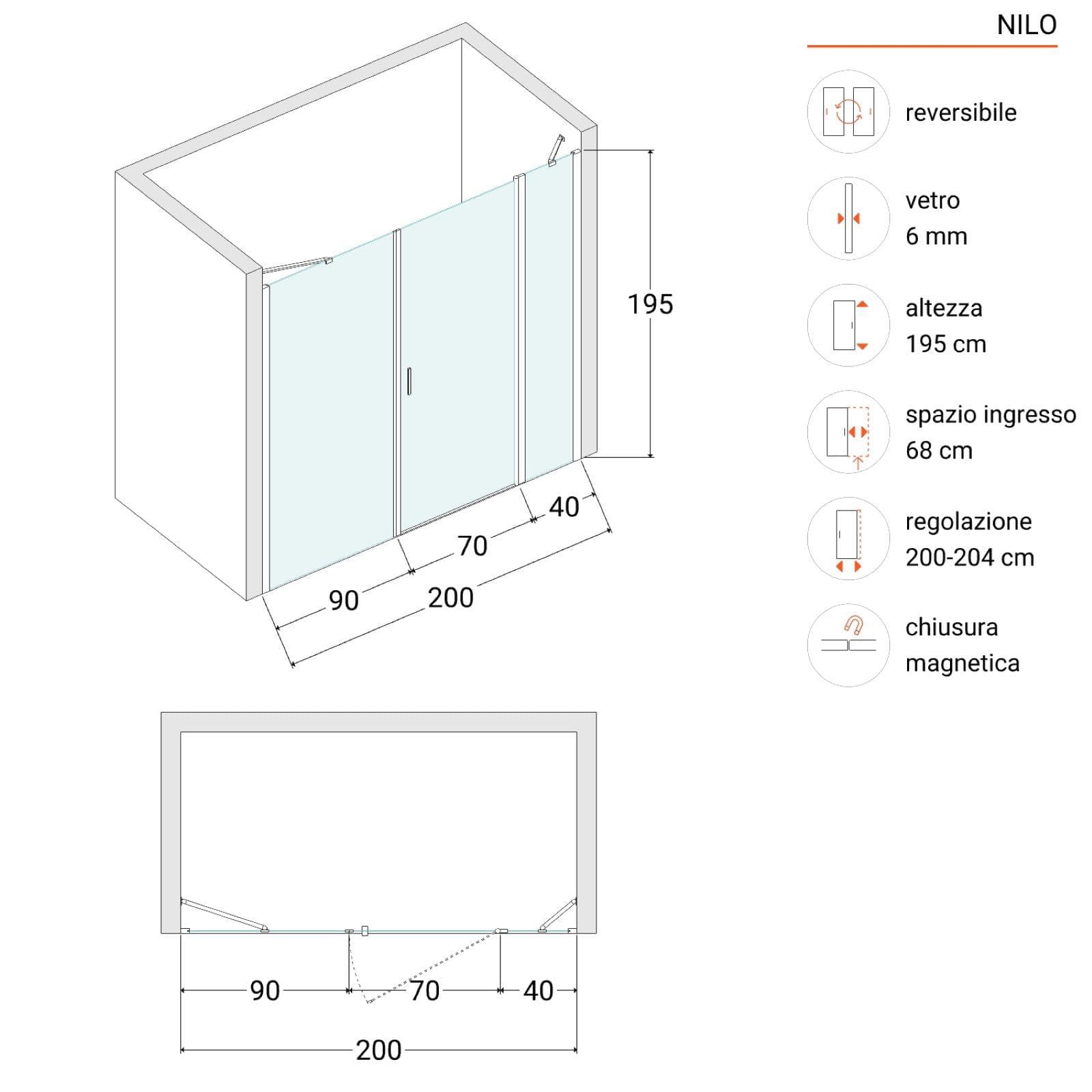 Box doccia nicchia 200cm 40 giunto + 80 battente + 90 fisso opaco 195h - Nilo