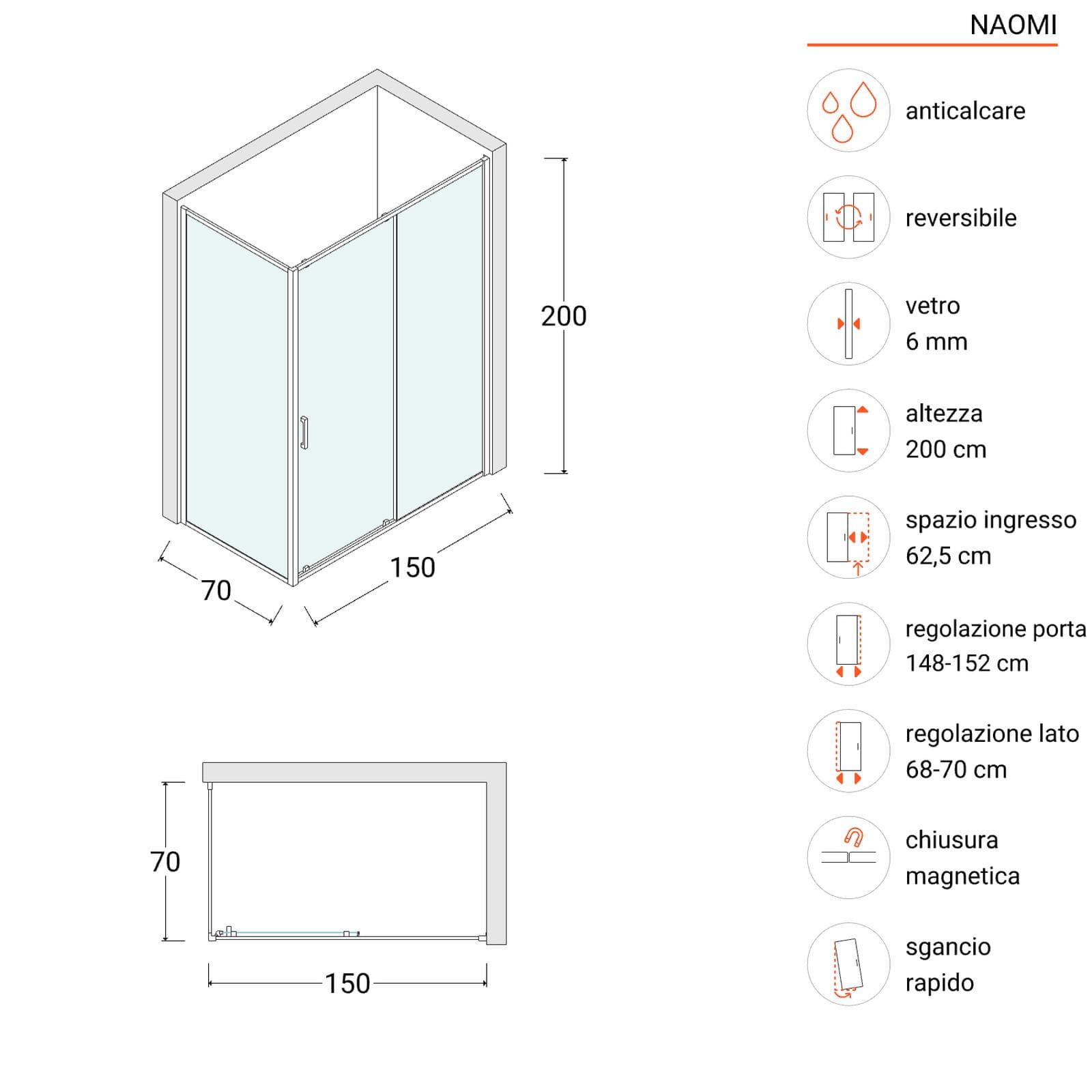 Box doccia angolare 70x150 cm porta scorrevole anticalcare profilo nero - Naomi