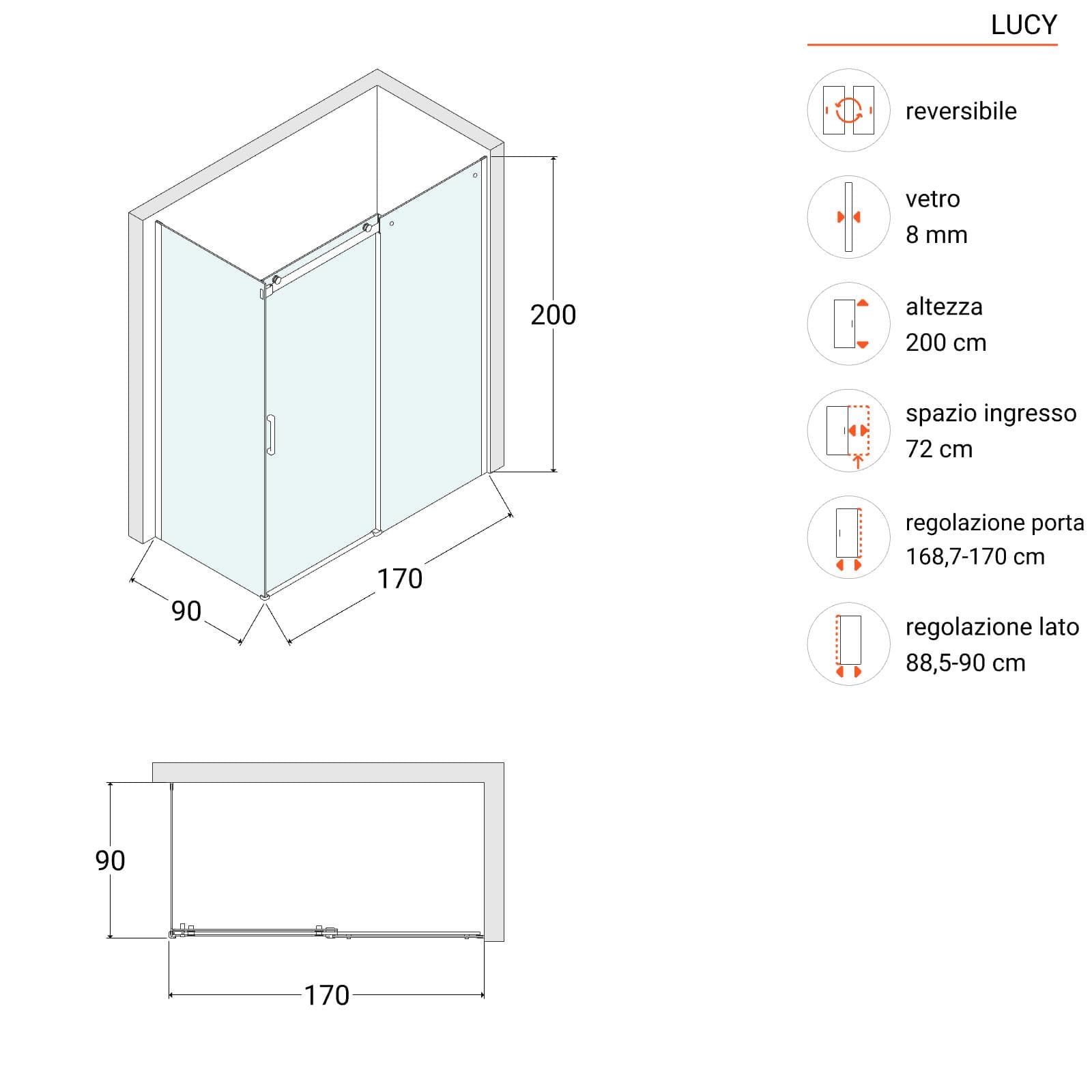 Box doccia 90x170 cm scorrevole in vetro anticalcare trasparente e profilo nero opaco 200h - Lucy