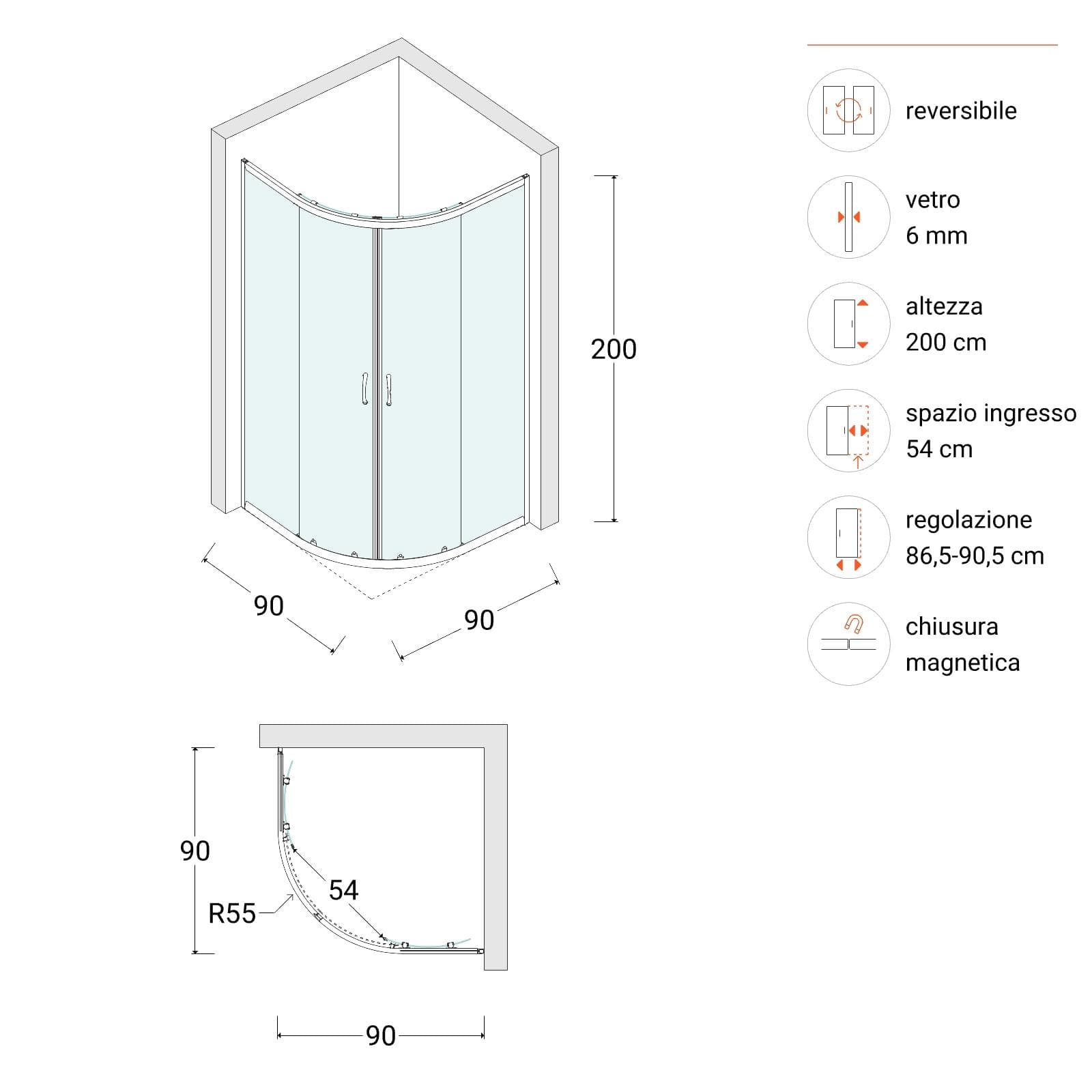Box doccia semicircolare 90x90 cm in cristallo 6 mm trasparente 200 h cm - Athens