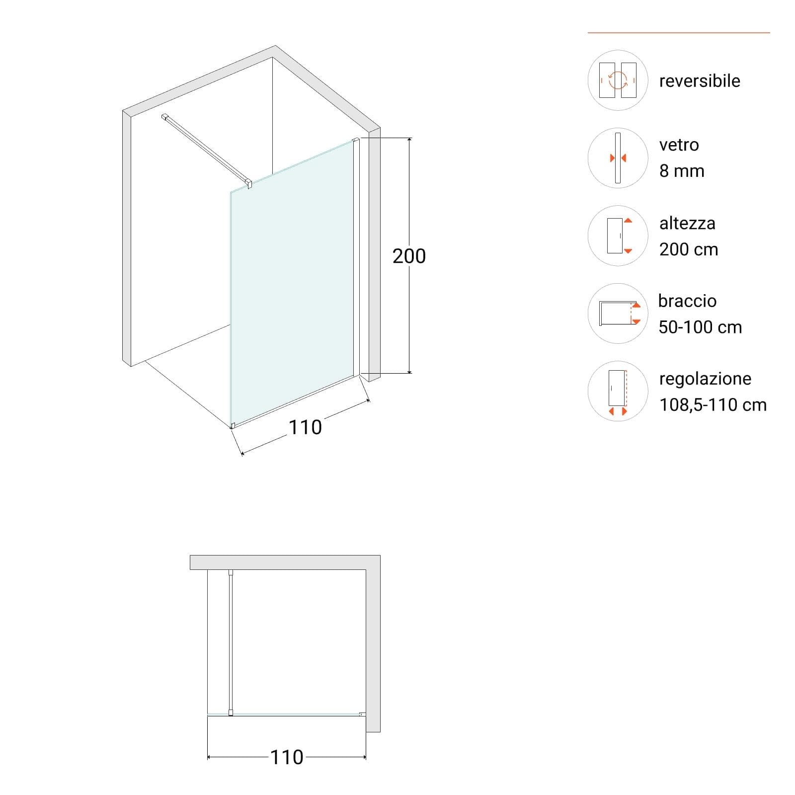 Box doccia Walk in 110 cm vetro 8 mm anticalcare trasparente e profilo nero 200h - Keep