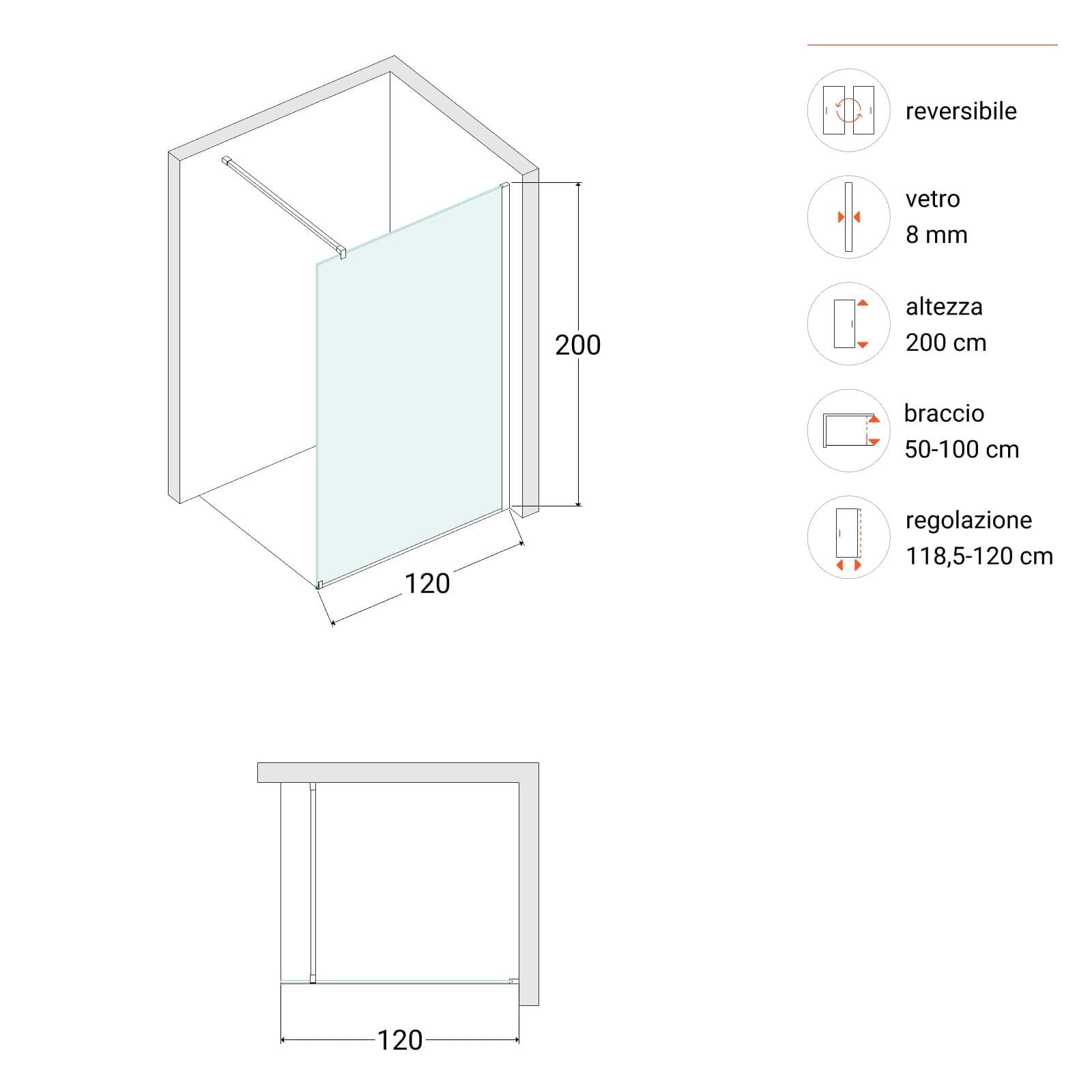 Box doccia Walk in 120 cm vetro 8 mm anticalcare trasparente e profilo oro 200h - Keep