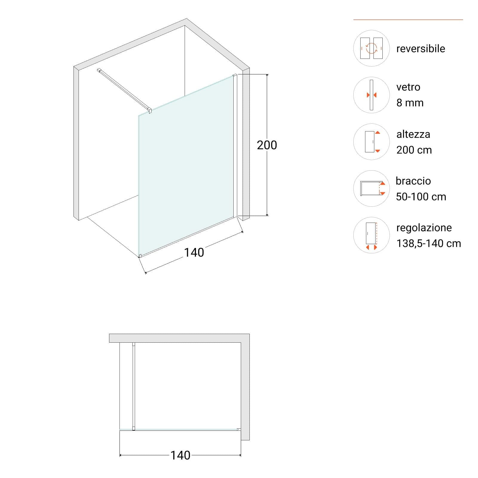 Box doccia Walk in 140 cm vetro 8 mm anticalcare fumè e profilo cromo 200h - Keep