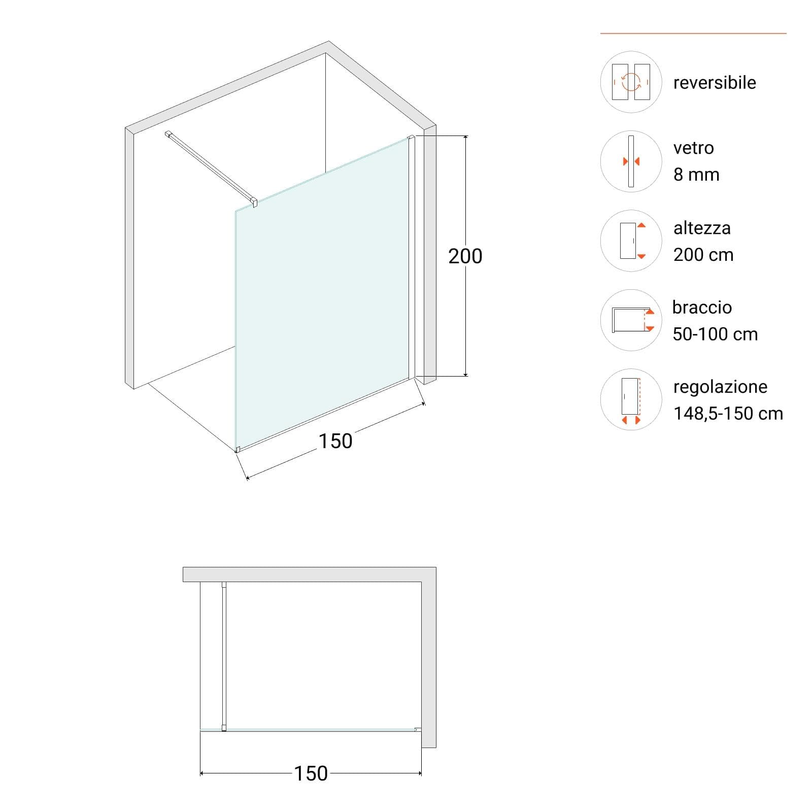 Box doccia Walk in 150 cm vetro 8 mm anticalcare trasparente e profilo nero 200h - Keep