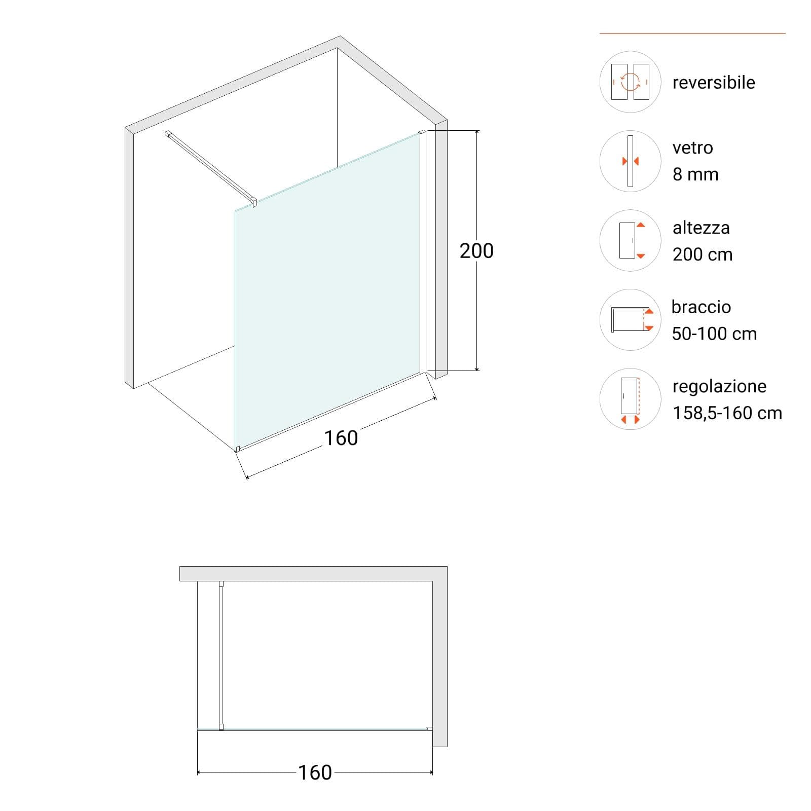 Box doccia Walk in 160 cm vetro 8 mm anticalcare fumè e profilo bronzo 200h - Keep